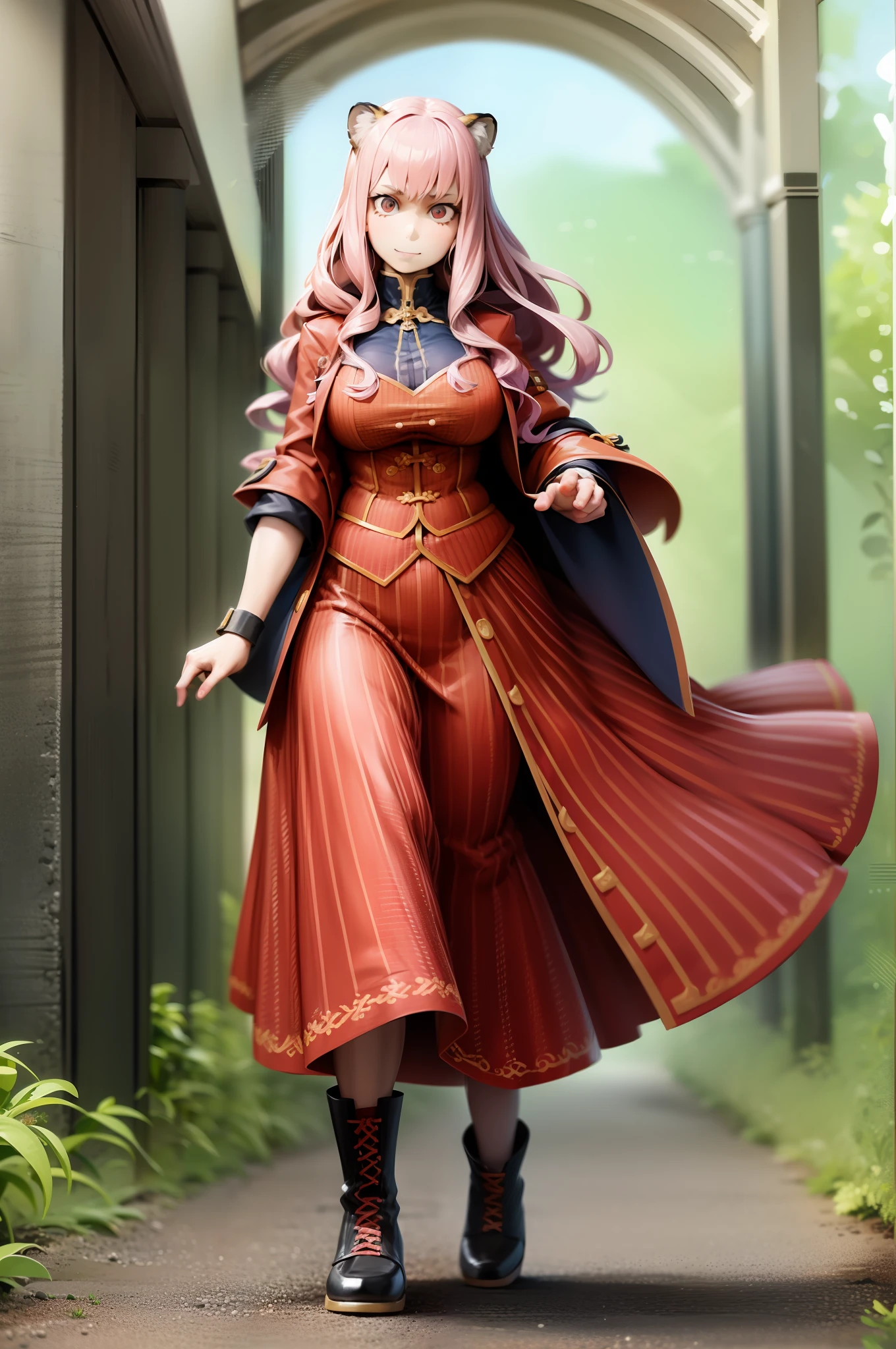 , tiger ears, tiger tails, martial art, medium chest, pink hair, skirt, jacket, godess,1girl,coat,walking, solo focus.1character, holy catholic mountain,alone, full body, long skirt, smug smile, long skirt, victorian cloths, forest, portrait