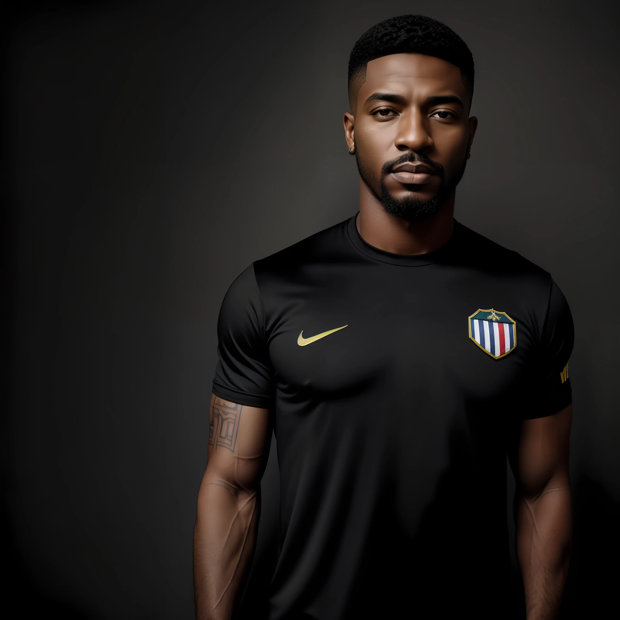 Retrato. cinemactic. Realista. Homem negro. Corte de cabelo militar. Usando camiseta branca. Rosto bonito. corpo atletico. Belo homem. Pele negra. Homem bonito. Negro. Bonito. Sem barba. Militar. Marinha do Brasil. Roupa branca