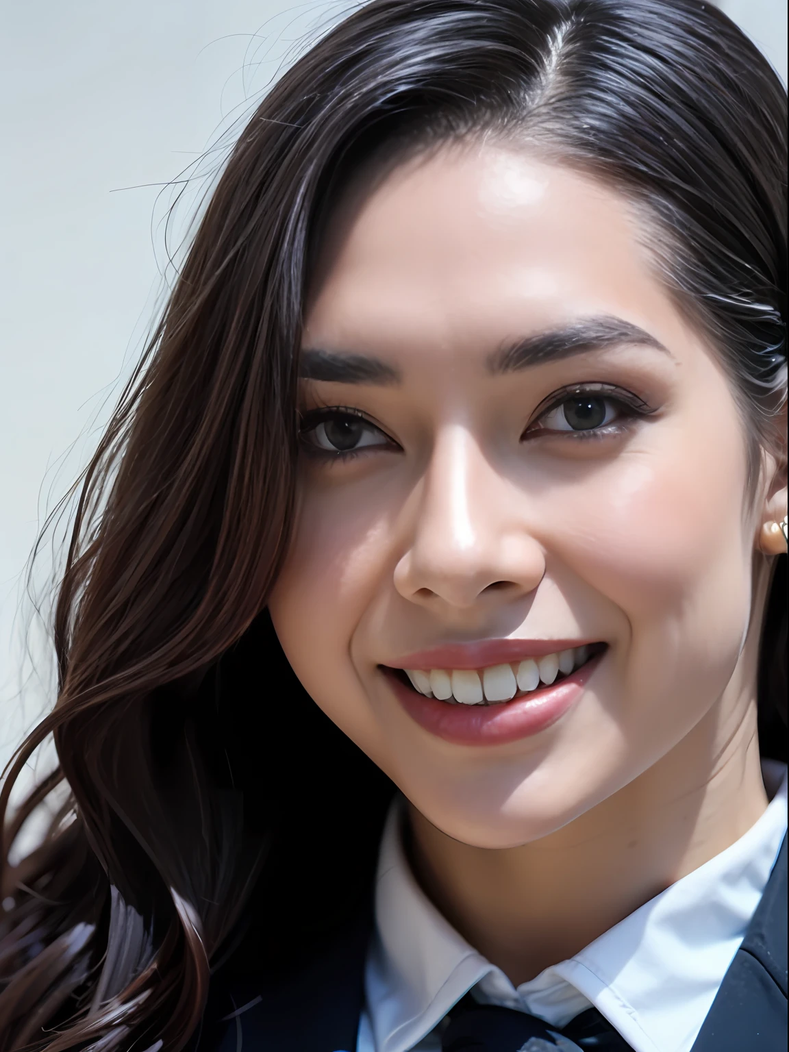 (8K), (Best Quality: 1.2), Best Masterpiece, (Realistic), (Photorealistic: 1.37), Ultra High Definition, 1 Girl, Cute, Smile, Beautiful Teeth, Detailed Eyes, Dark Eye Liner, Beautiful Details, Fine Details, Beautiful Nose, Full Body, Wet Hair, Big, School Uniform, Thighs