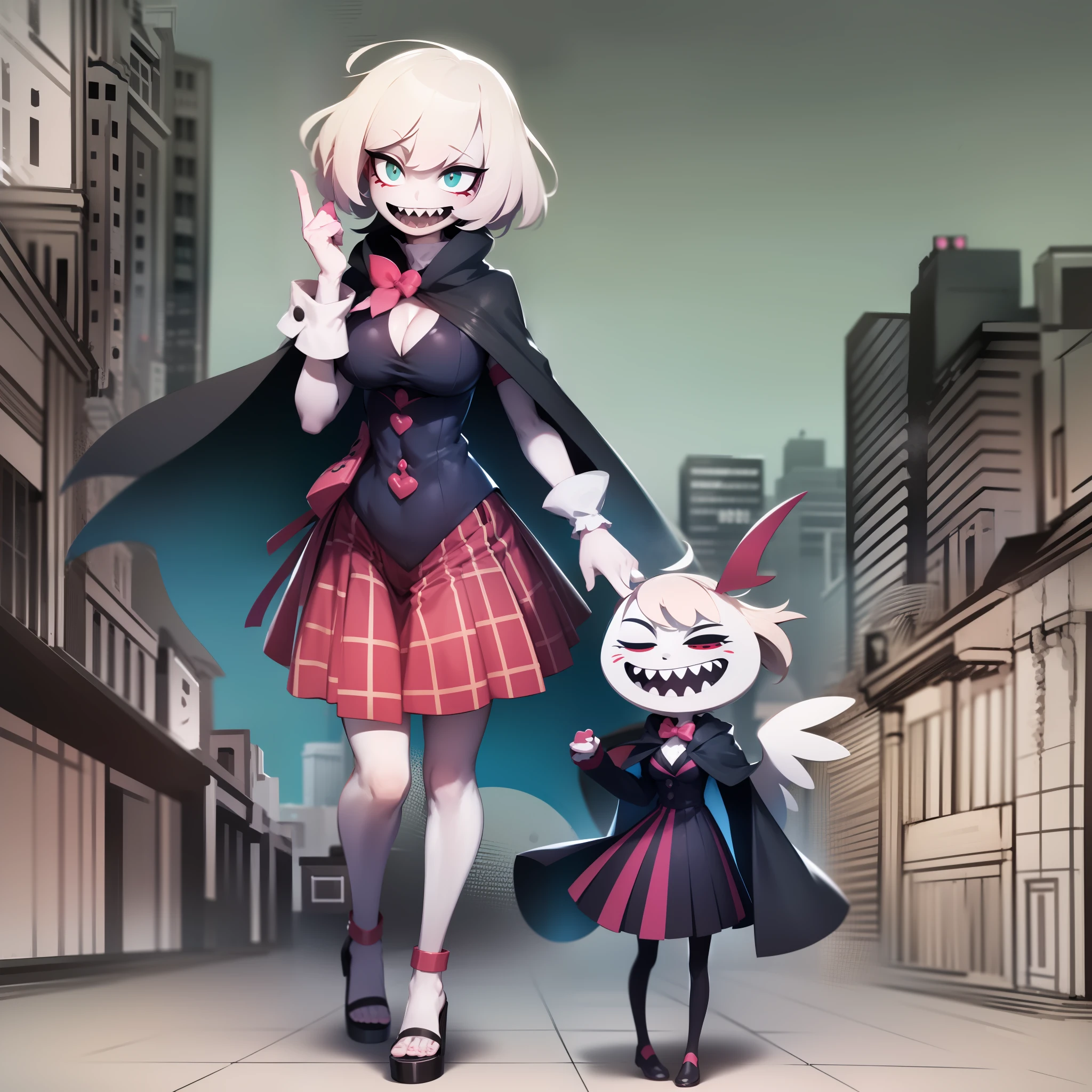 Angel Dust, hazbin hotel style, bimbo, big breast, alone, flip flops,,sharpteeth, smile, cape, scarf, alone,walking