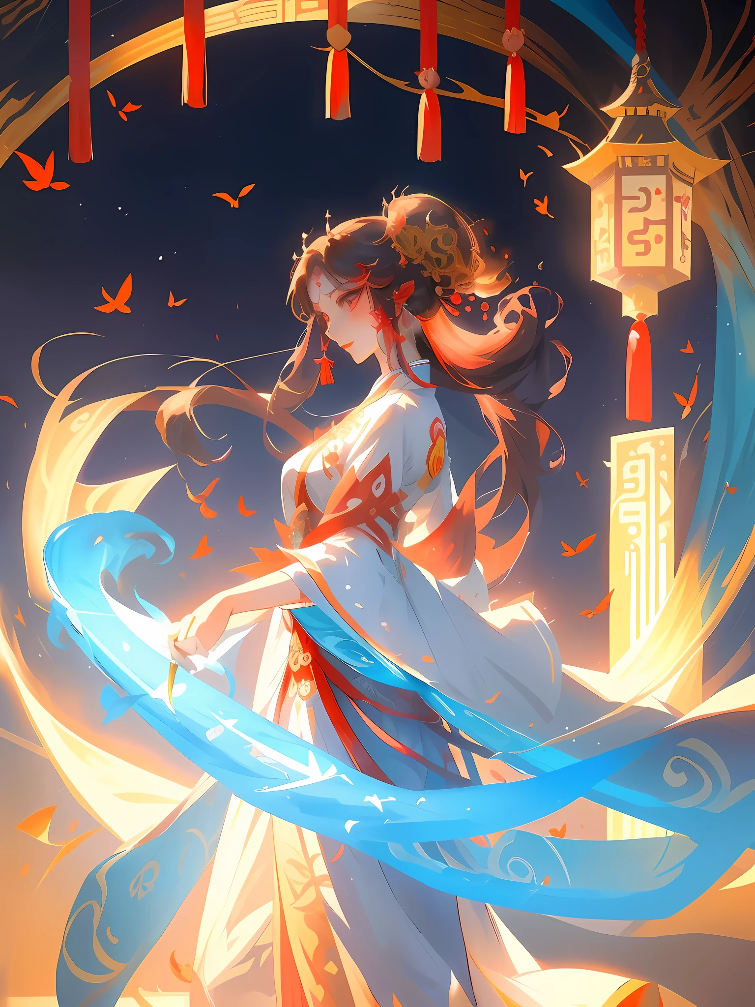 Anime girl wearing white dress,Blue ribbon in hand, Palace , A girl in Hanfu, by Yang J, Anime art wallpaper 8 K, Alice X. zhang, style of anime4 K, Anime goddess, Anime fantasy illustration, Onmyoji detailed art, Beautiful young wind spirit, Beautiful digital artwork, Anime art wallpaper 4k, Anime art wallpaper 4 K