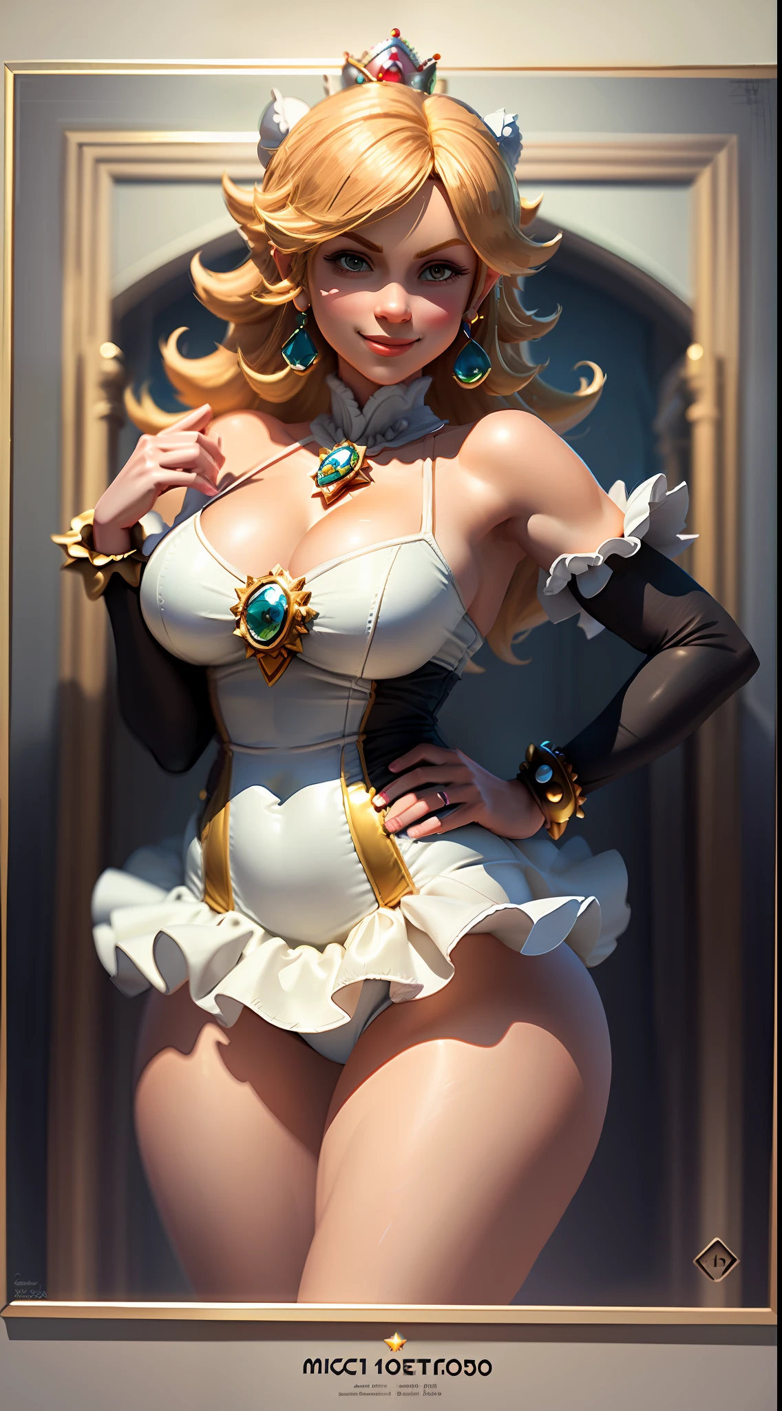 obra-prima, Ultra High Definition, maximum resolution, 8k, Princesa Peach (Super Mario Bros), jovem, (sozinha), (alone), (corpo inteiro) magra, (identical to game), quadris largos, coxas grossas, bunda grande, bunda empinada, rosto muito detalhado, olhos muito detalhados, delicate strokes, wear a micro vestido, natural lightting, sorriso malicioso , (front view), Super Mario 64
