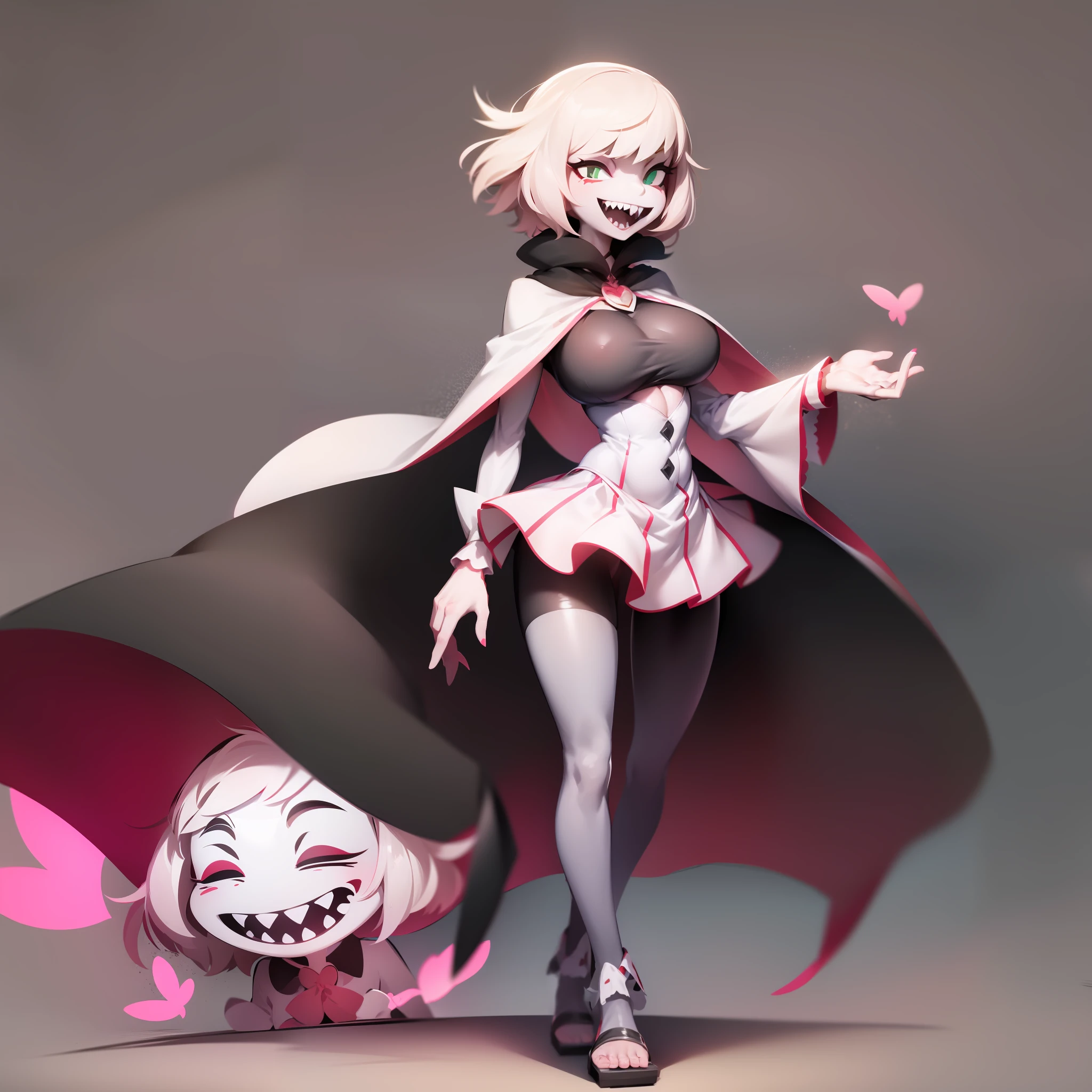 Angel Dust, hazbin hotel style, bimbo, big breast, alone, flip flops,,sharpteeth, smile, cape, scarf, alone,walking