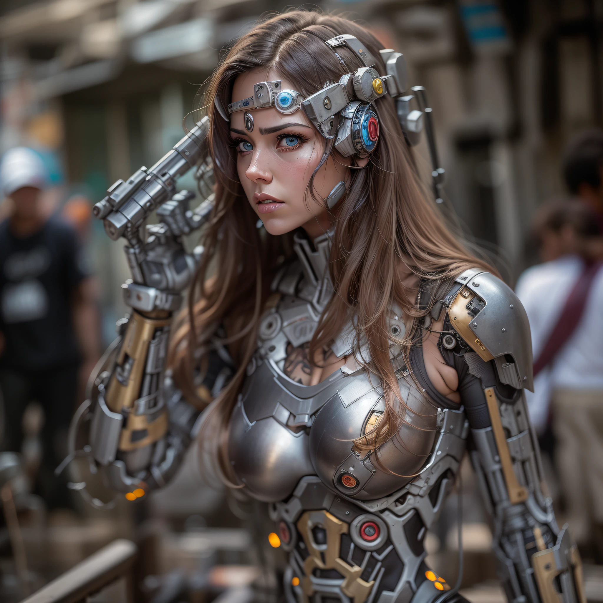 jennifer la mujer mecanica: guerrera de combate (cuerpo completo), con sus grandes ojos y su cuerpo metalico de cyborg se encuentra en la ciudad de zalem , repleta de elementos tecnologicos