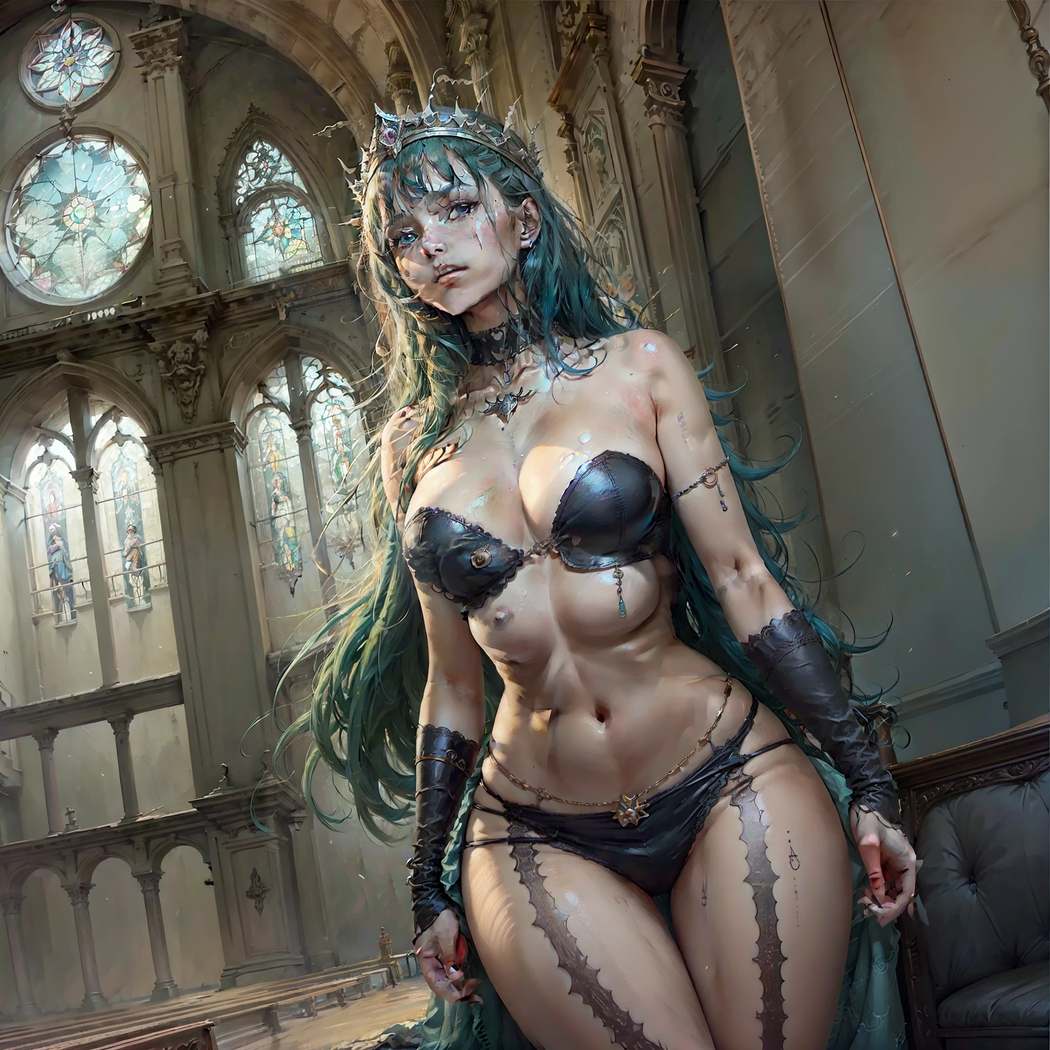 There is a costumed woman standing in a church, cosplay ornamentado, Obra-prima Deusa da Tristeza, tiro extremamente detalhado da deusa, wlop intrincado, em uma igreja. arstation, majestosa mulher de santo, Ahegao, Inspirado em Hajime Sorayama, inspirado em David LaChapelle, inspirado no Mestre da Lenda de Santa Luzia, igreja cyberpunk