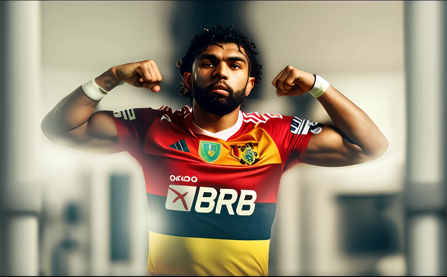 um close up de um jogador de futebol flexionando o punho, Gabriel Barbosa, Jogador do flamengo, Brasil, High Definition Image. Maintain original position, maintain original shape of the arms, manter core e formas da camisa, manter forma e aspectos do rosto, fundo da imagem escuro. image style 3d high definition.