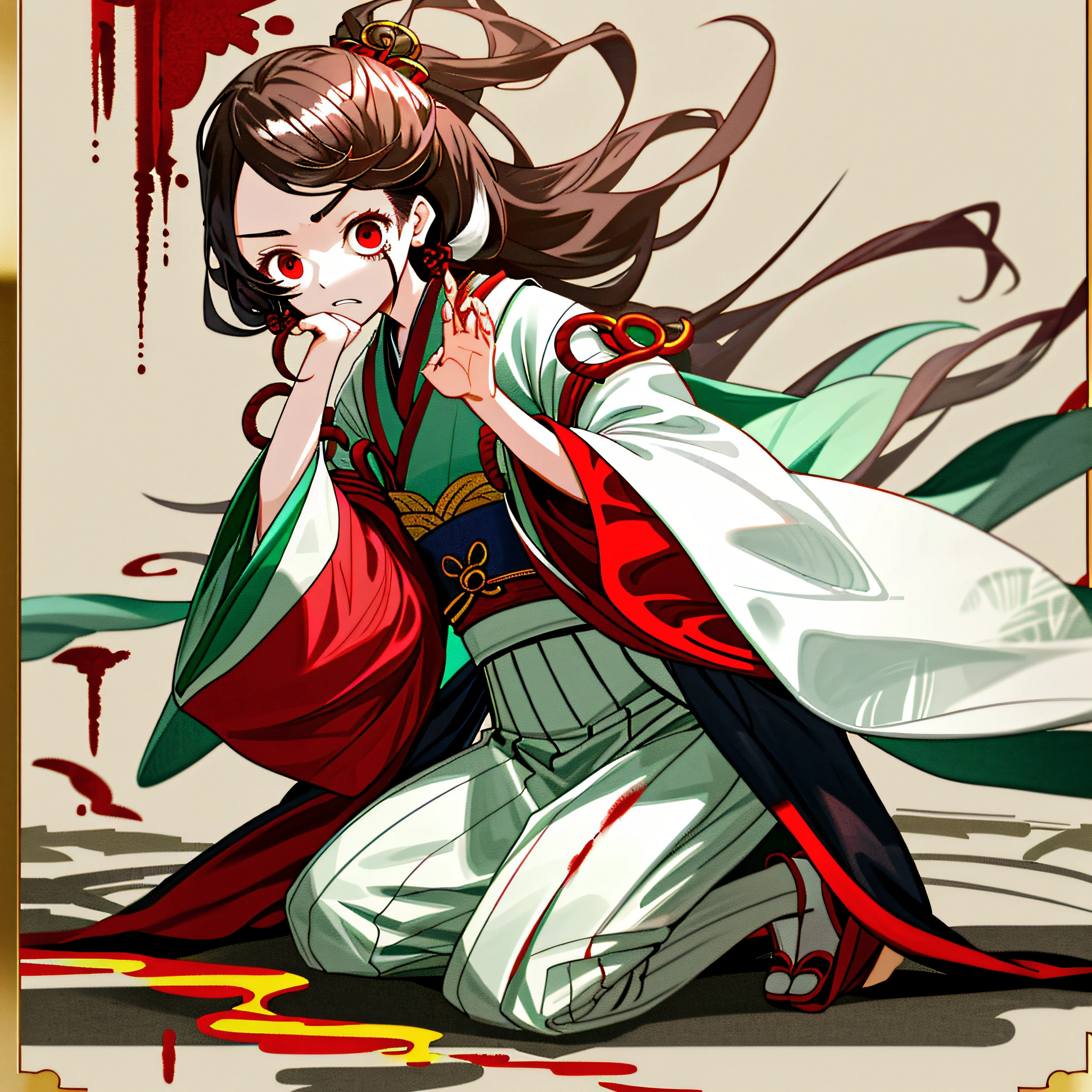 tmasterpiece,best qualtiy,1girll,Hanfu,Kneeling pose,handcuff,(Clothes are shabby),(Blood:1.1),Painful expression