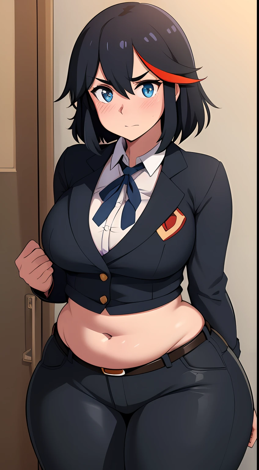 ((kipteitei)), ((masterpiece)), (((best quality))), ((ultra-detailed)), (((illustration))), detailed face, ultra cute face, detailed body, ((1girl)), ((solo)), matoi ryuuko, white shirt, blue sweater blazer, black tie, black pants, (tight clothes), (undersized clothes), looking at viewer, cowboy shot, blushing, embarrassed, standing in modern office, medium breasts, perky breasts, ((wide hips)), ((thick thighs)), chubby belly,