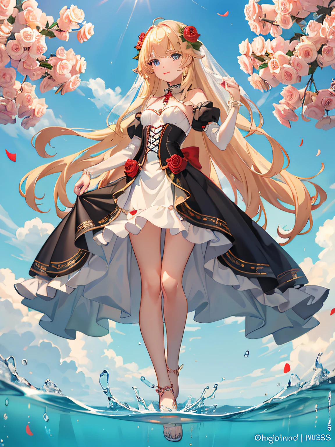 ((​masterpiece)), (top-quality), (detaileds),4K resolution. 1 Girl Sharp Focus、a blond,Princess Cut,odd eye,Older sister,diet,long,Red Rosa,tiarra,Black Dress,curlyhair,small tit,small tits,Cool,Rose Dress,embroideries,oriental,A sexy,Sareme,garden,Sunnyday,blue-sky,Confetti、small nose,narrow nose and small nose,,,,,,,,,,,,,,,,,,,,,,,,,,,,,,,,,High small nose,small nostrils,see -through,Full body like,oblique,1girl in,Golden hair color,Light hair color,Beige hair color,Rosa,Red Rose,Rosa,Red Rose,Rose Dress,weddingdress,Arm Cover，Adults，adult lady，veils，Kamimei,Red Rose,Rosa,Rosa,Rosa,Rosa，Rosa,Red Rose，Big sister，adult lady，adult lady，adult lady，，adult lady，adult lady，Adult Women Mermaid Dresses，Mermaid Dresses，corsets，corsets，corsets，corsets，A smile，Straight bangs,to stand