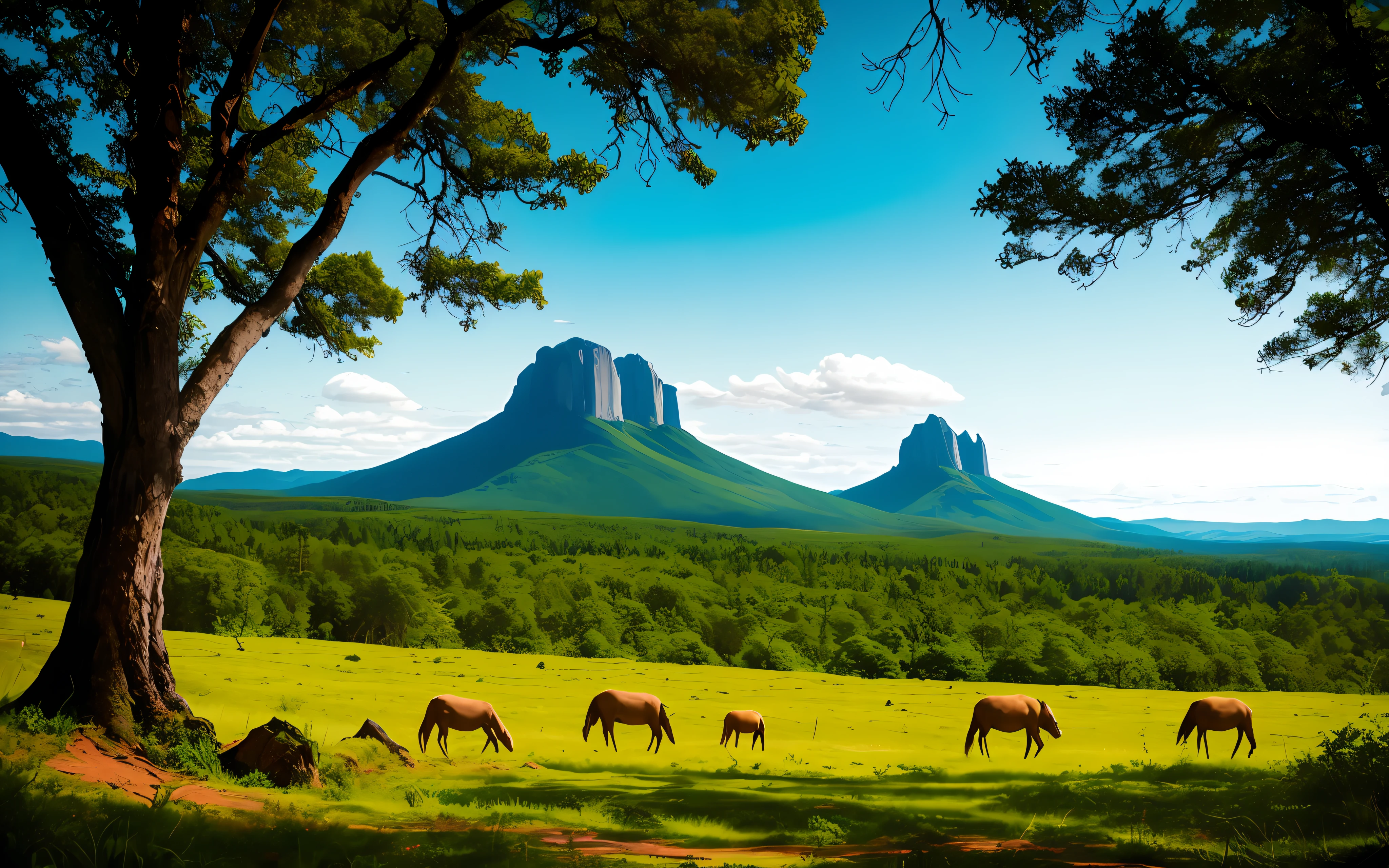 Crie uma imagem deslumbrante que retrate uma paisagem natural intocada, com montanhas majestosas, lush trees and wildlife in harmony.