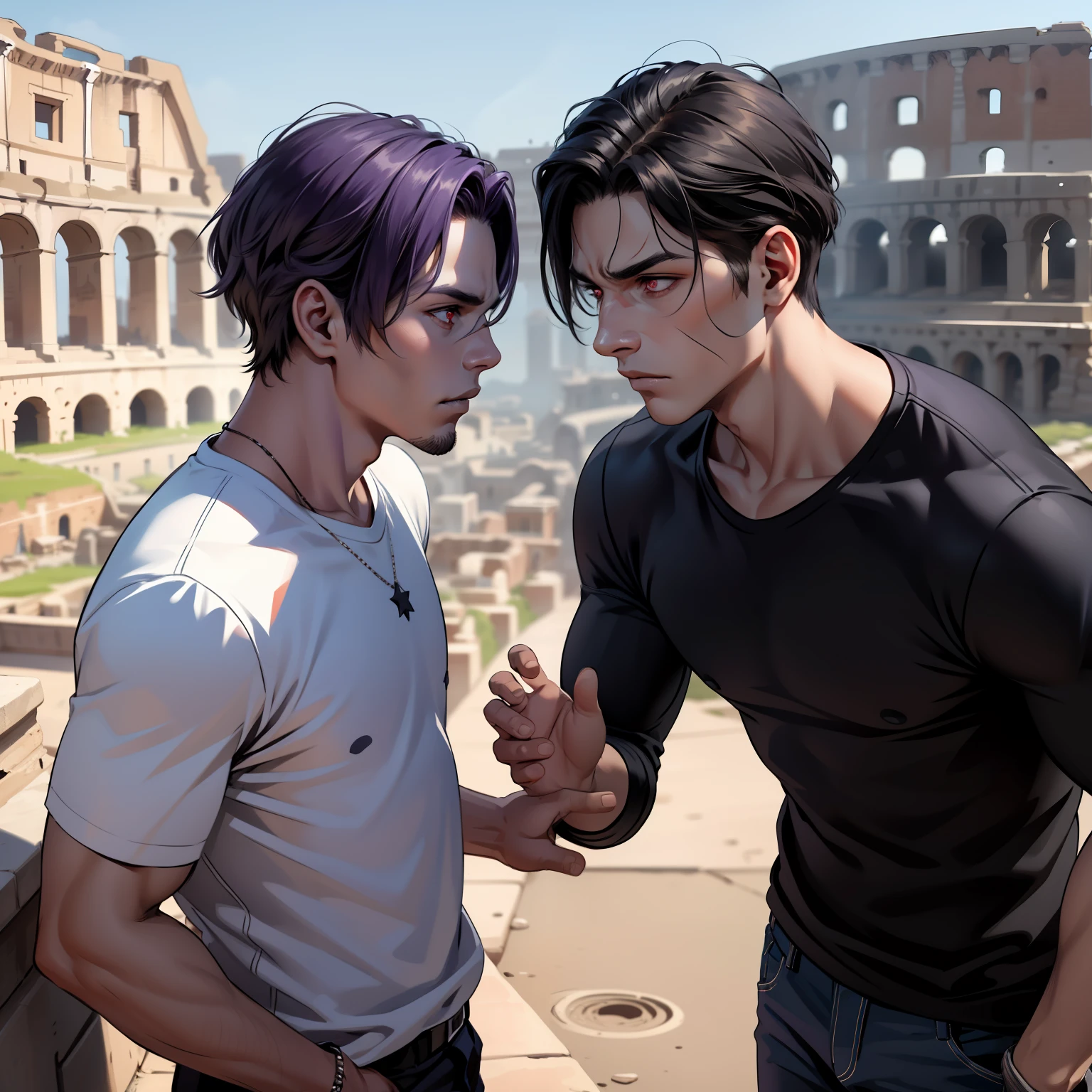 Two male men have purple skin and red eyes converse looking into each other's eyes looks serious and worried In the background you can see the city of ancient Rome