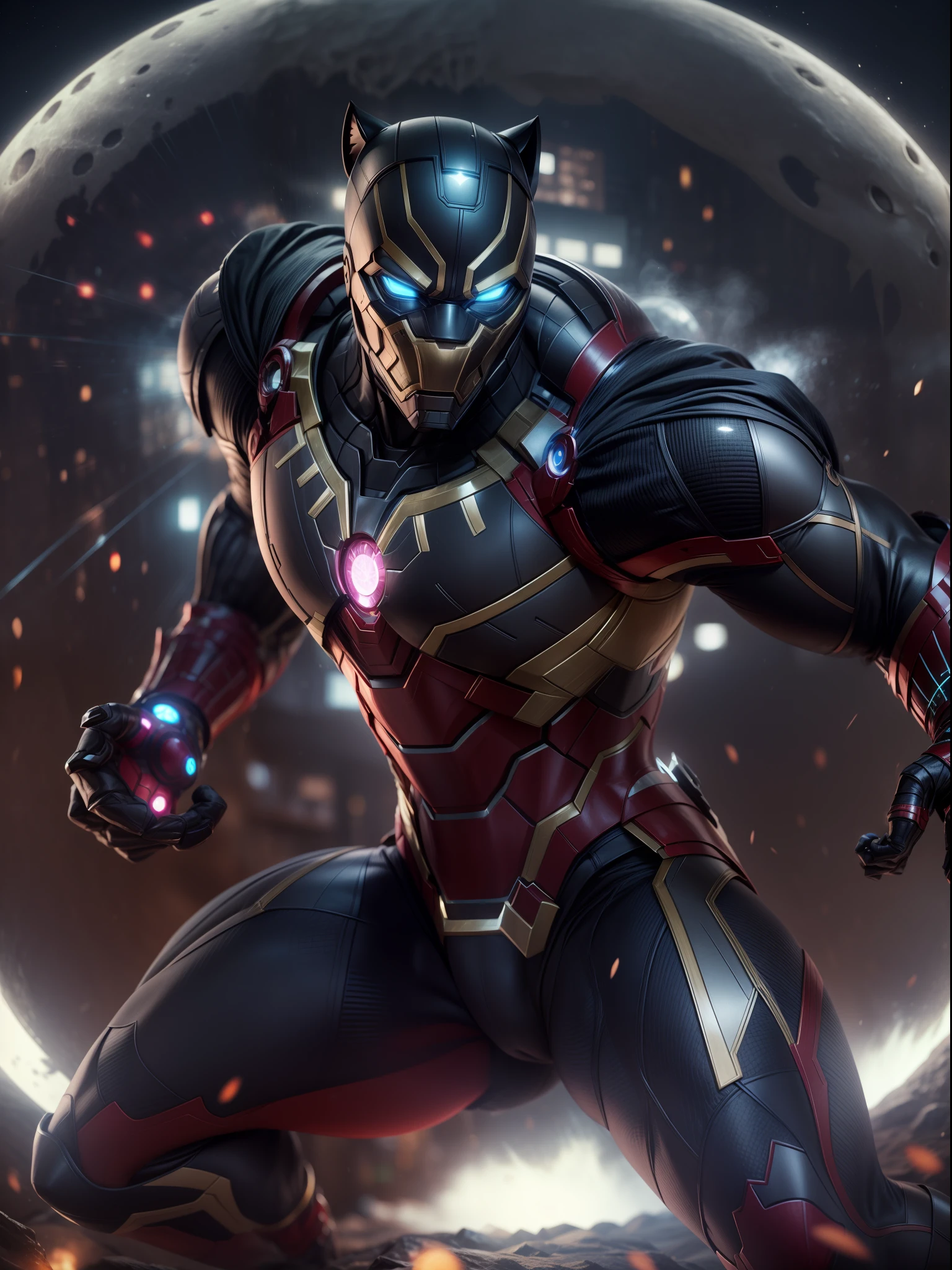 Close a powerful threat, The imposing appearance of an black panther and iron man fusion, menacing stare, ricamente detalhado, Hiper realista, 3D-rendering, obra-prima, NVIDIA, RTX, ray-traced, Bokeh, Night sky with a huge and beautiful full moon, estrelas brilhando, 8k,