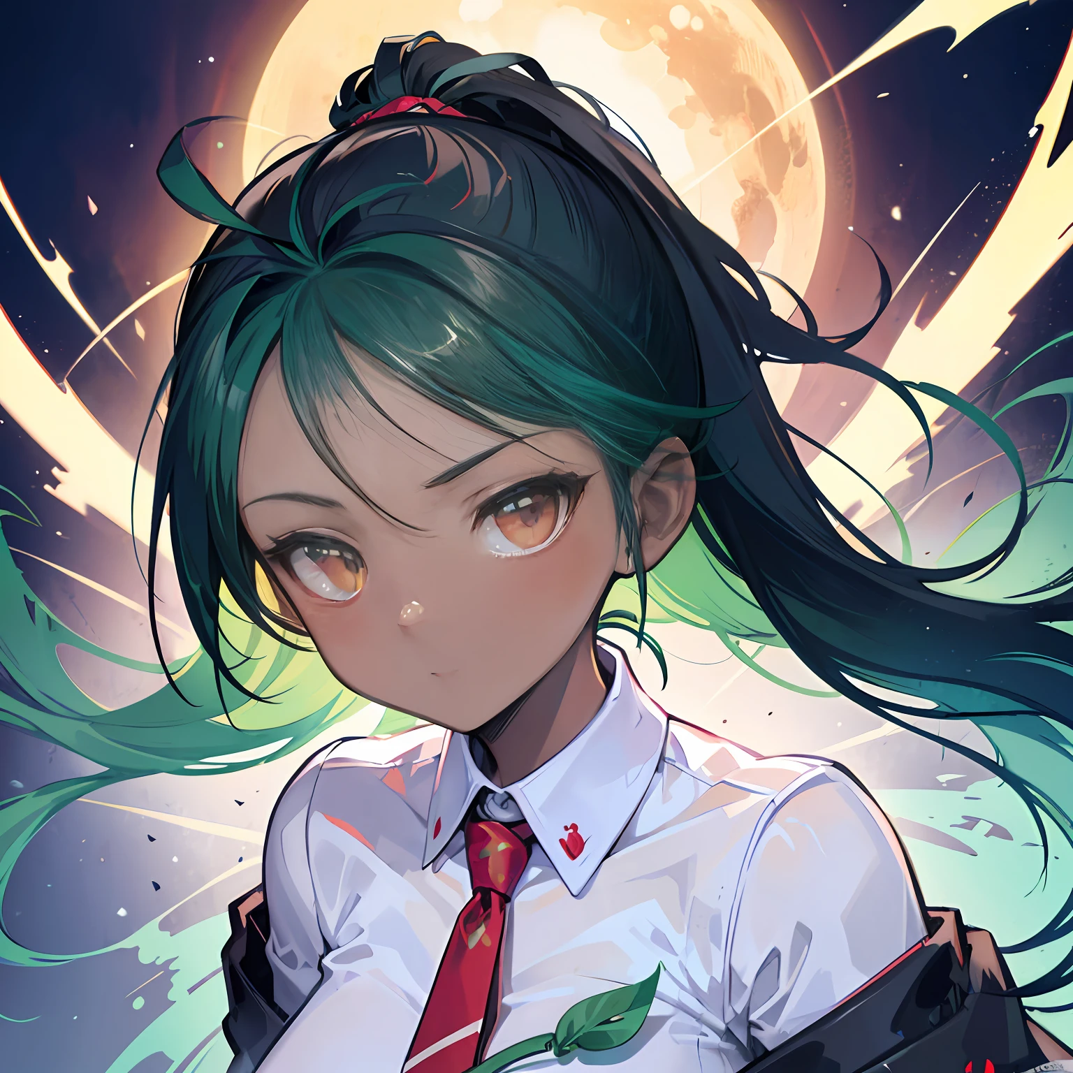 "Anime-style, vibrant school girl with a beautiful dark skin tone, intricately illustrated character, exquisite body details, captivating facial features, and elegantly highlighted green hair.", nsfw, wearing red tie, nemona, limitless energy