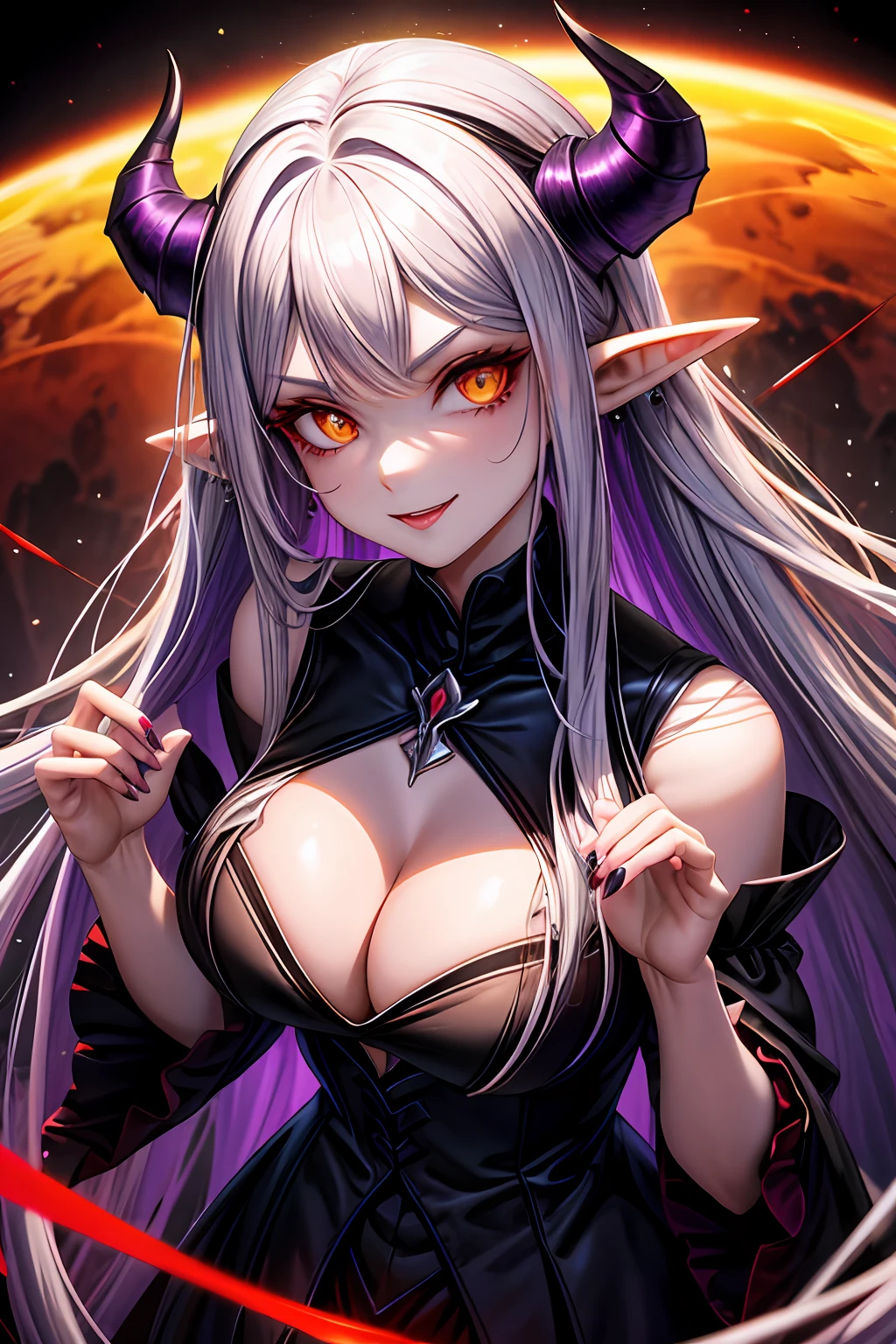 A female Milf demon with long silver hair and purple locks with elf ears and black demonic horns, Yellow eyes of the demon, pupila vertical, rosto maduro e adulto com um sorriso perverso para os espectadores, dentes de vampiro, corpo volumoso com seios e busto enormes, pale skinned, Widow's dress, The floor is made of a red liquid, Particulas roxas, purple mist, Magia negra, lua, corpo volumoso com seios e busto enormes, Silver hair with purple locks wet with drops of this red liquid,(yellow demonic eyes), olhos brilhantes, Moda realista, sysie high definition details, fotografia, perspicacity, unique 850 4, Koda850 k portrait camera, Primavera F1.6, cores ricas, Textura super realista, textura de luz espetacular, arte surreal, Cinestil 800 mecanismo de moda.