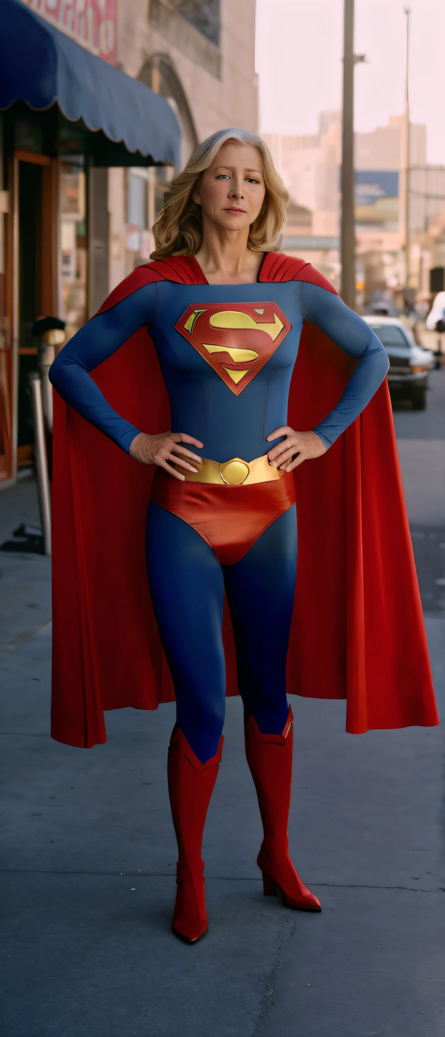 Helen Mirren dressed as a Superman standing on a city street, Supergirl,  super-man pose,  Super-homem,   Traje do Supergirl,  super high resolution,  Super Modelo, super