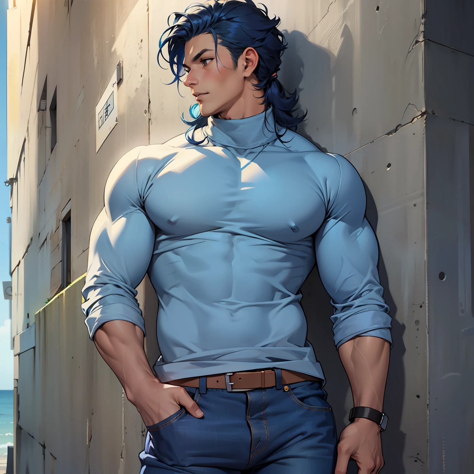 Handsome male, my skin has this nice tan hue to it, my hair is as blue as the ocean and my eyes just as radiant. My hair reaches a little past my chin and is slightly wavy. My body is well-defined and toned. As for clothes, I wear a grey turtleneck and faded blue jeans. Pretty good looking if I say so myself. Bara, big bulge in pants, long dark blue hair