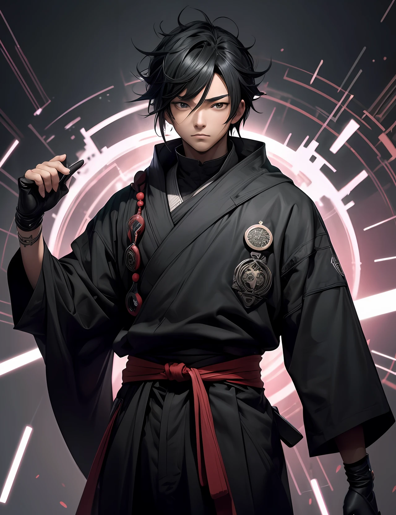 Personagem masculino parecido com Satoru gojo, usando uma habilidade de ataque que e um buraco negro, cabelos brancos, olhos azuis celestiais, olhando para o espectador, com um universo como fundo, usando roupas cyberpunk, tendo um inimigo que parece o Sukuna de jujutso kaisen, highes definition, 4k, muitas corres, --auto