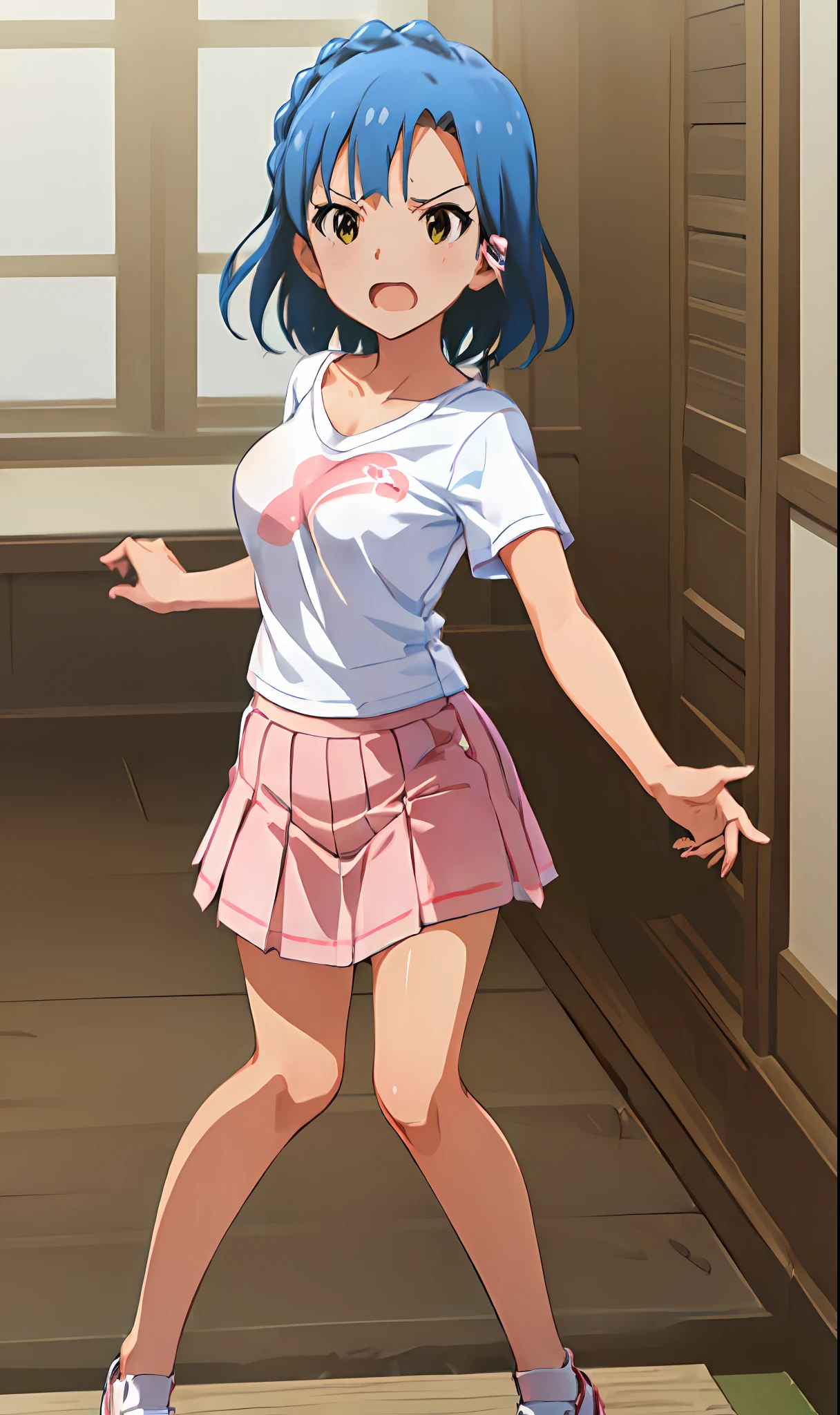 yuriko nanao (million live). Short stature. (((white t-shirts))).(((Skirt))).(((masterpiece))).(((best quality))).((Ultra-detailed))).(((illustratio))). (((fighting stance))).(((a room))).(((make a fist))).(((up chest))).Despair face.(((short-hair))).((big breasts)).((Opening Mouth)).