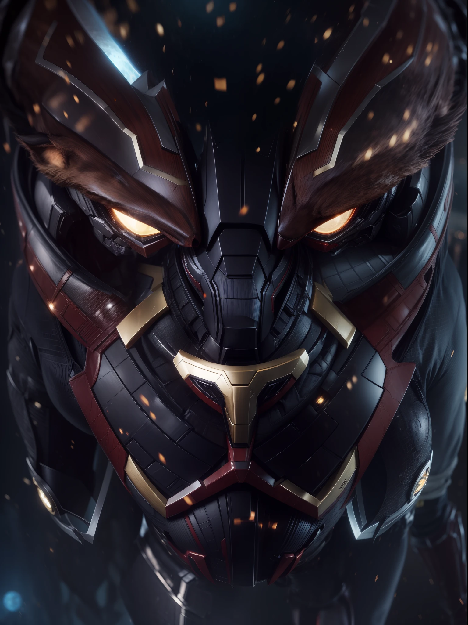 Close a powerful threat, The imposing appearance of an black panther and iron man fusion, menacing stare, ricamente detalhado, Hiper realista, 3D-rendering, obra-prima, NVIDIA, RTX, ray-traced, Bokeh, Night sky with a huge and beautiful full moon, estrelas brilhando, 8k,