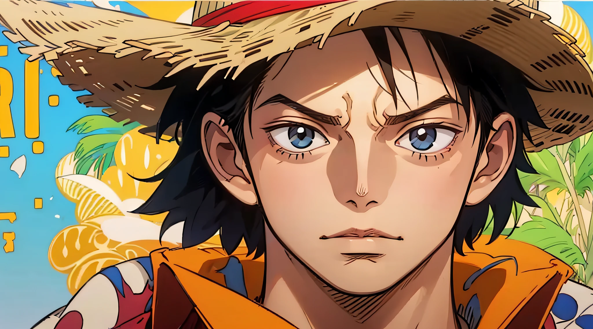 Luffy, straw hat, extremamente detalhado, camisa vermelha, retrato, rosto visto de perto, a hand on straw hat