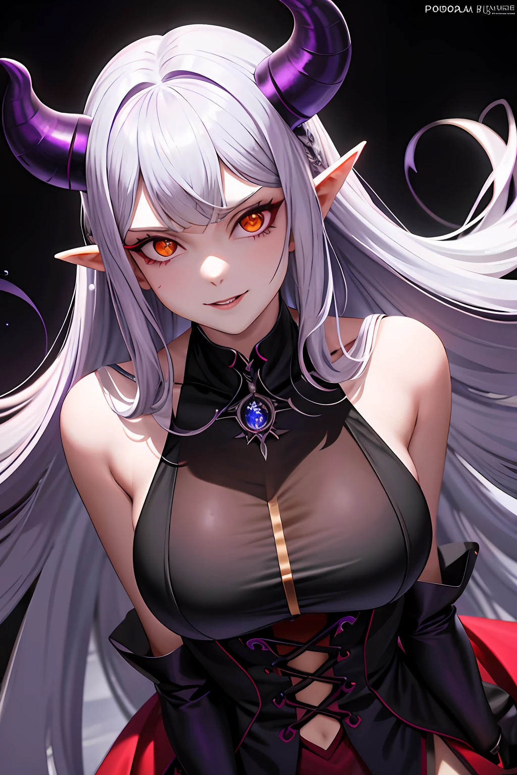 A female Milf demon with long silver hair and purple locks with elf ears and black demonic horns, Yellow eyes of the demon, pupila vertical, rosto maduro e adulto com um sorriso perverso para os espectadores, dentes de vampiro, corpo volumoso com seios e busto enormes, pale skinned, Widow's dress, The floor is made of a red liquid, Particulas roxas, purple mist, magia negra, ..lua, corpo volumoso com seios e busto enormes, Silver hair with purple locks wet with drops of this red liquid,(yellow demonic eyes), olhos brilhantes, Moda realista, sysie high definition details, fotografia, perspicacity, unique 850 4, Koda850 k portrait camera, Primavera F1.6, cores ricas, Textura super realista, textura de luz espetacular, arte surreal, Cinestil 800 mecanismo de moda.