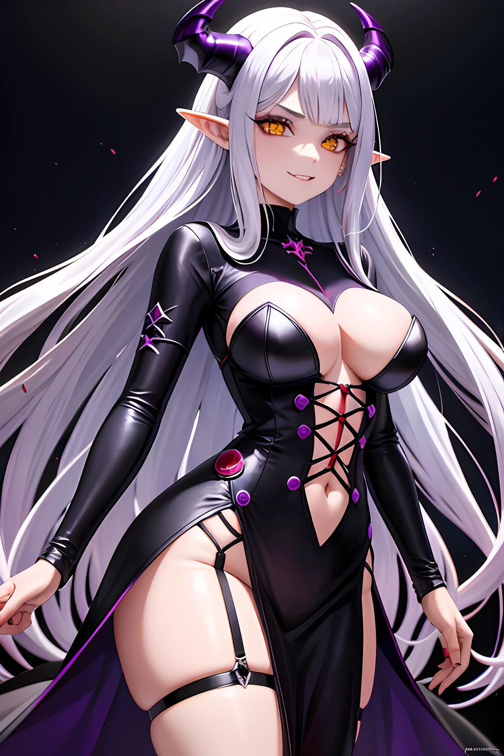 A female Milf demon with long silver hair and purple locks with elf ears and black demonic horns, Yellow eyes of the demon, pupila vertical, rosto maduro e adulto com um sorriso perverso para os espectadores, dentes de vampiro, corpo volumoso com seios e busto enormes, pale skinned, Widow's dress, The floor is made of a red liquid, Particulas roxas, purple mist, magia negra, ..lua, corpo volumoso com seios e busto enormes, Silver hair with purple locks wet with drops of this red liquid,(yellow demonic eyes), olhos brilhantes, Moda realista, sysie high definition details, fotografia, perspicacity, unique 850 4, Koda850 k portrait camera, Primavera F1.6, cores ricas, Textura super realista, textura de luz espetacular, arte surreal, Cinestil 800 mecanismo de moda.