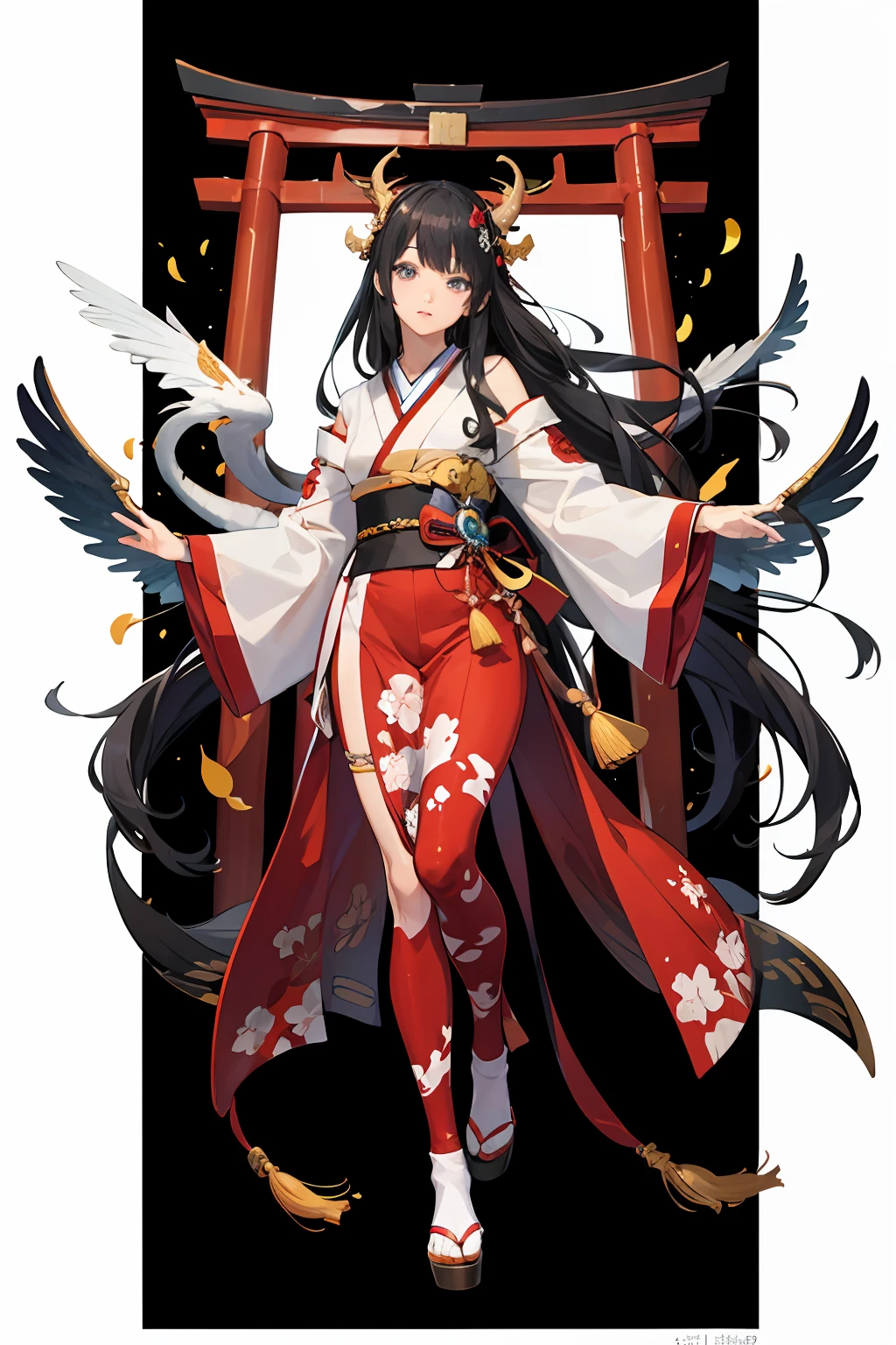 2D, Ultra HD 8K ,Extreme quality, Extremely detailed, High quality, ​masterpiece, detail portrayal, (Full body:1.5), Perfect Anatomy, Beautiful appearance, Detailed hair loose, Detailed fingers , detailed hairs, hyperdetailed face, Front view, perfect eyes, detailed eyes, Anime Art, vector , Indigo haired girl with golden dragon horns in front of the shrine, Japanese style clothes , torii