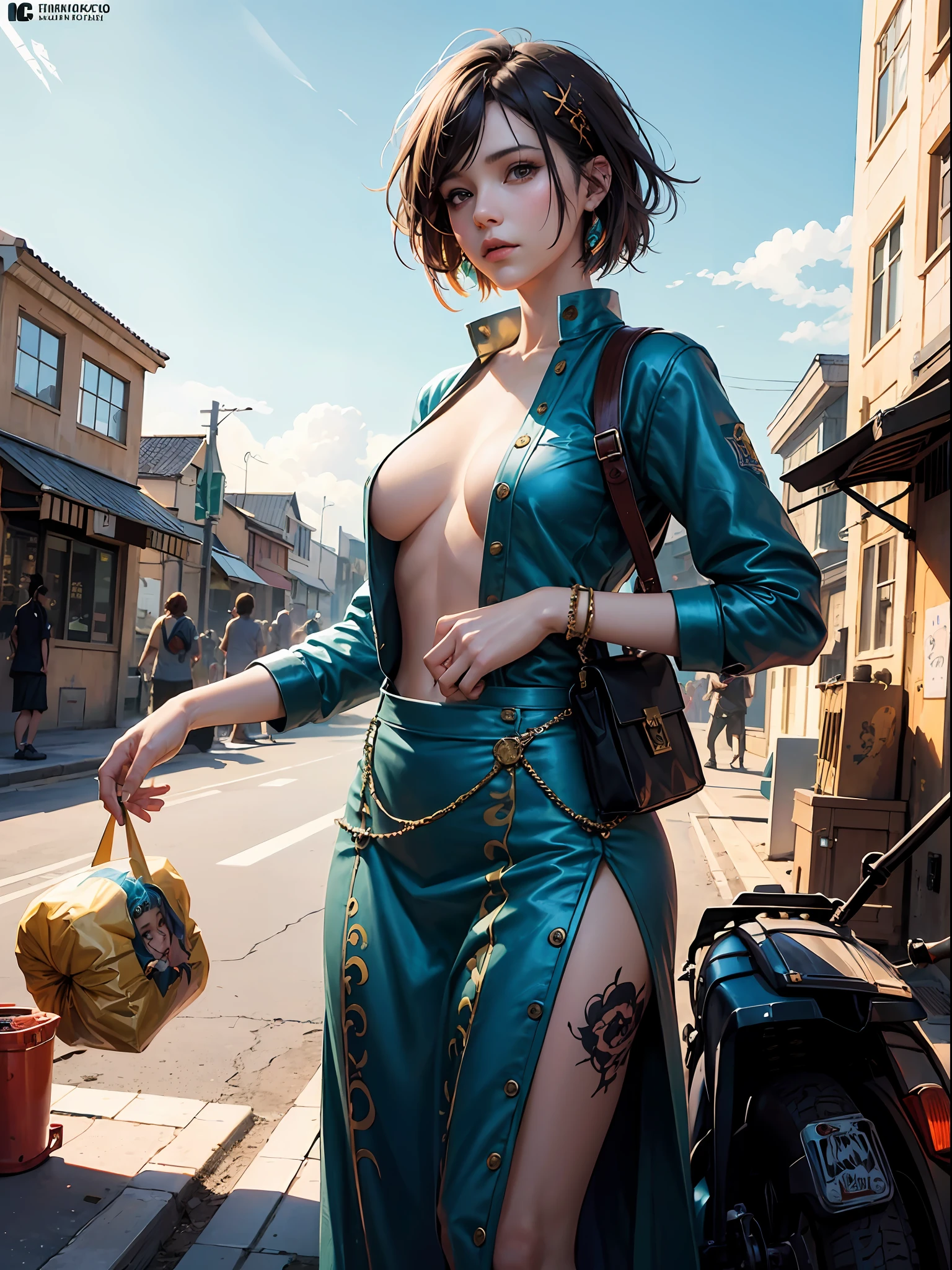 Beautiful anime summerpunk lady. summer chill day, by tim okamura, victor nizovtsev, greg rutkowski, noah bradley. trending on artstation, 8k, masterpiece, graffiti paint, fine detail, full of color, intricate detail, golden ratio illustration --auto
