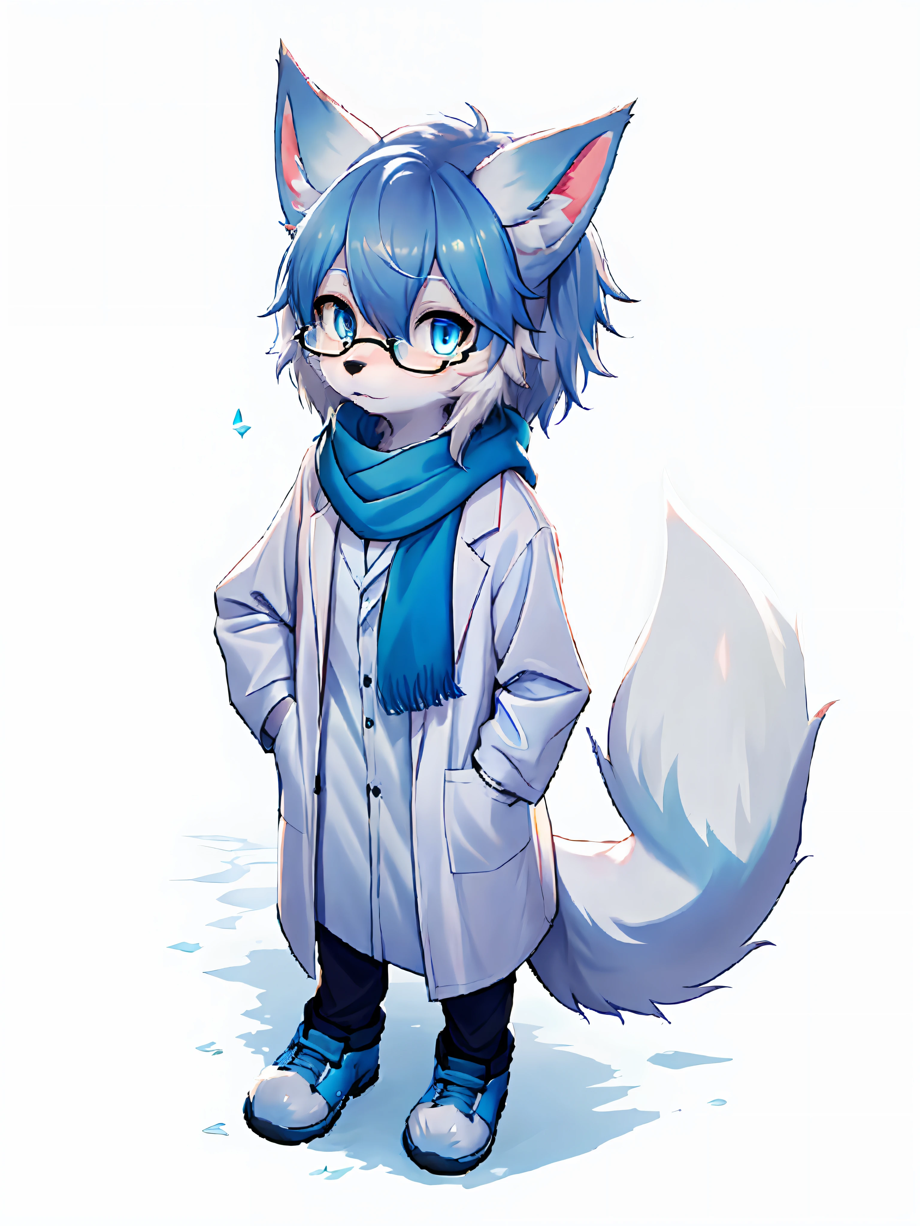 Anime character with arctic fox ears wearing lab coat and blue scarf,Arctic fox with fluffy blue fur and tail,Wear half-rimmed glasses,Arctic fox beauty in lab coat, Fox scientist, professional furry drawing