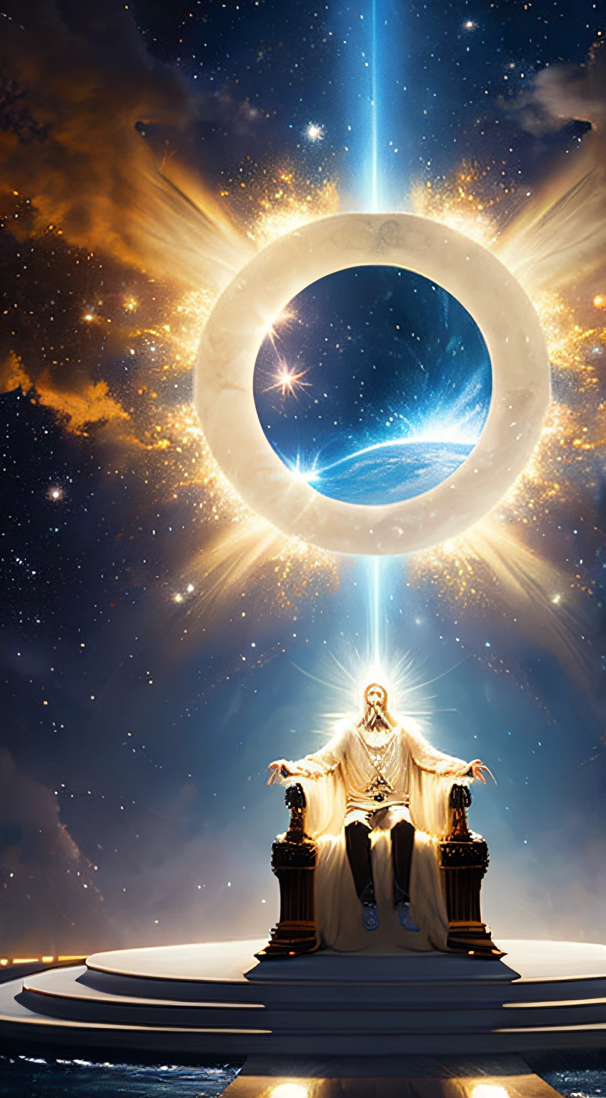 super high resolution, best quality, photo, 16k, (photorealistic: 1.2), cinematic lighting, An old man in the shape of a mythical god. Depict the god holding the sun and moon, enveloped by a radiant aura. Seat them on a magnificent throne within a cosmic backdrop, in bright white cloaks floating on the crystal throne, floating on crystal clouds, surrounded by the splendors of the universe. Pay meticulous attention to stunning details and achieve a resolution of 64K for an immersive and realistic visual experience. Let your work capture the essence of myth and wonder, leaving viewers in awe of its beauty and power.