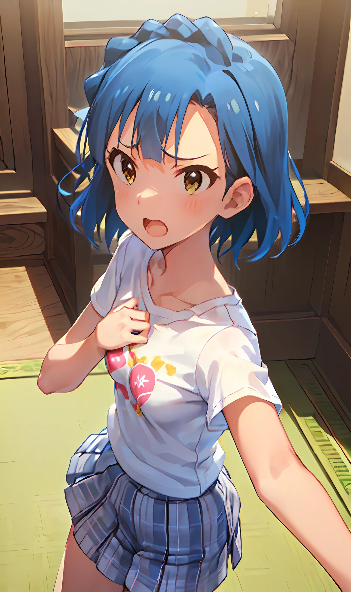 yuriko nanao (million live). Short stature. (((white t-shirts))).(((Skirt))).(((masterpiece))).(((best quality))).((Ultra-detailed))).(((illustratio))). (((fighting stance))).(((a room))).(((make a fist))).(((up chest))).Despair face.(((short-hair))).((big breasts)).((Opening Mouth)).