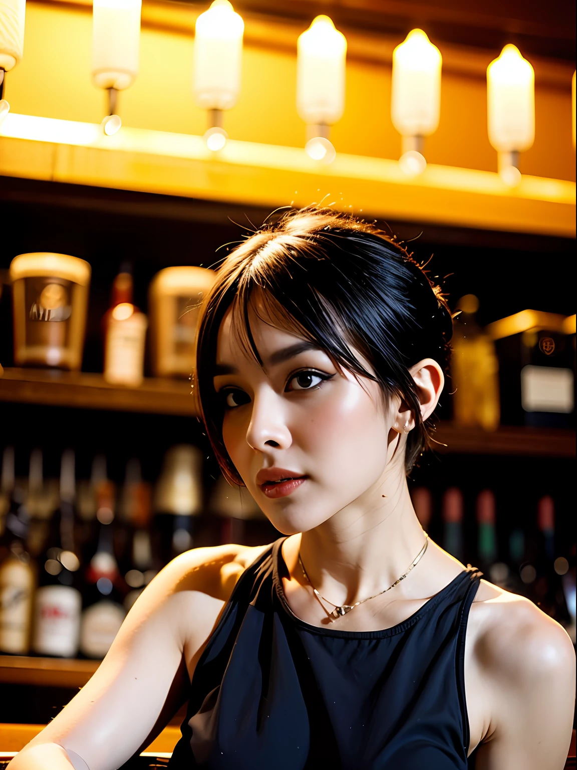 portrait photo of CadeyMerc beautiful woman (hair pixie cut)  nightclub sitting at bar (masterpiece) (best quality) (detailed) (8k) (HDR) (wallpaper) (cinematic lighting) (sharp focus) (intricate)