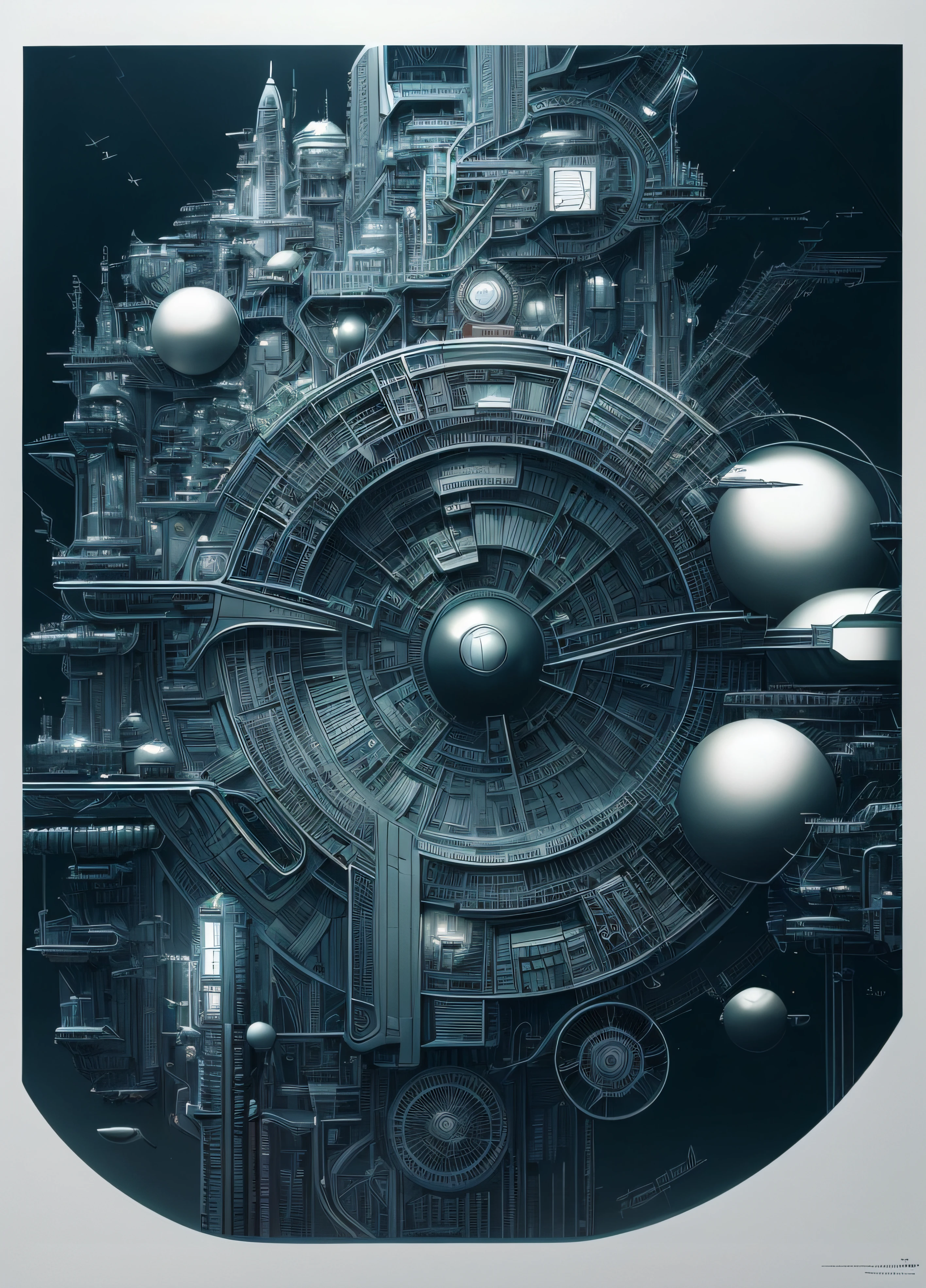 Un dibujo de una estructura de aspecto futurista con un reloj, Thomas Veyrat intrincado, insanely detailed linework, detailed sci-fi art, Incredibly detailed artwork, muy coherente. High detail, Machine intricate in space, Futurismo intrincado, insanely detailed art, extremely detailed linework, Linework altamente detallado, very detailed illustration, 4k. Dibujo detallado