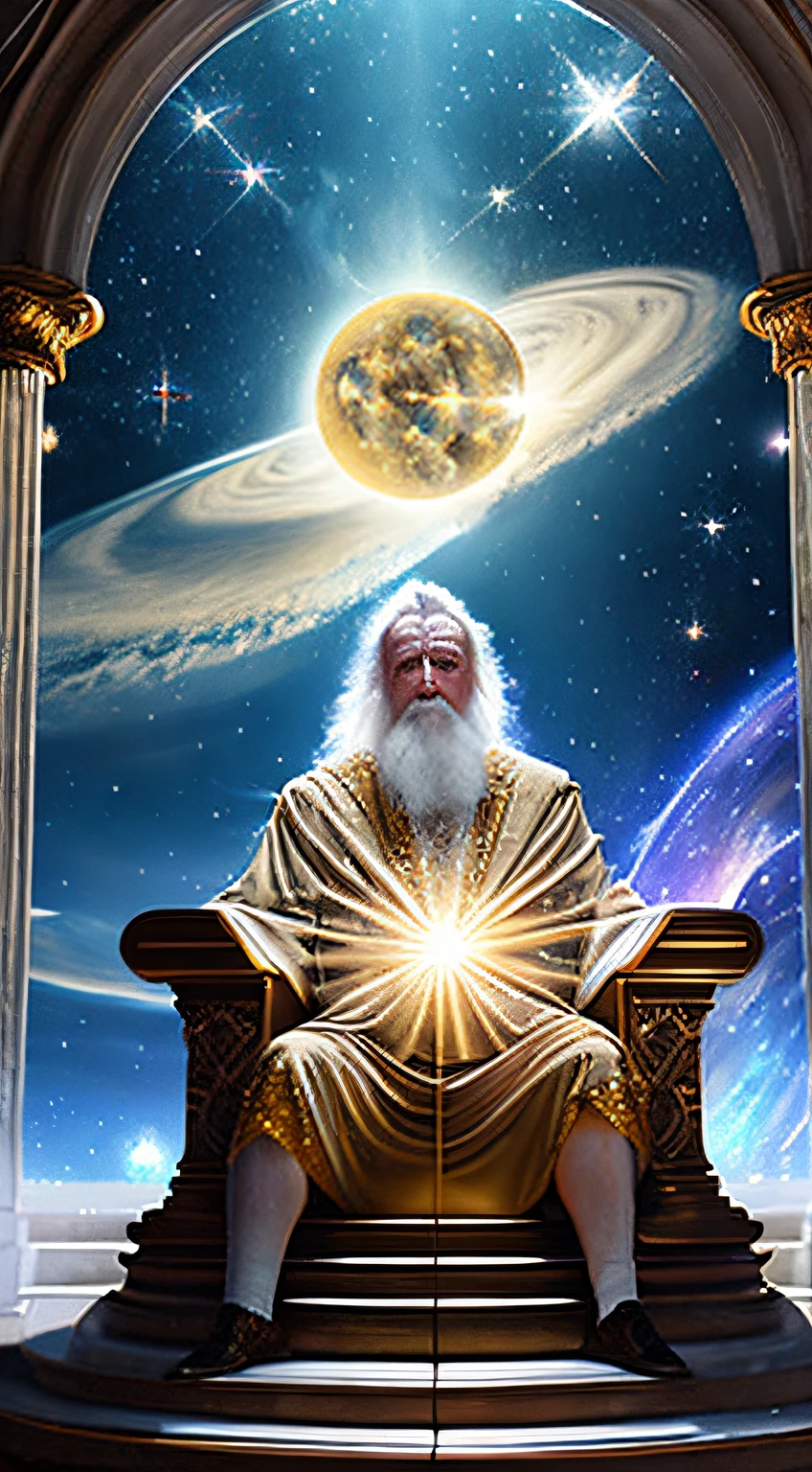 super high resolution, best quality, photo, 16k, (photorealistic: 1.2), cinematic lighting, An old man in the shape of a mythical god. Depict the god holding the sun and moon, enveloped by a radiant aura. Seat them on a magnificent throne within a cosmic backdrop, in bright white cloaks floating on the crystal throne, floating on crystal clouds, surrounded by the splendors of the universe. Pay meticulous attention to stunning details and achieve a resolution of 64K for an immersive and realistic visual experience. Let your work capture the essence of myth and wonder, leaving viewers in awe of its beauty and power.