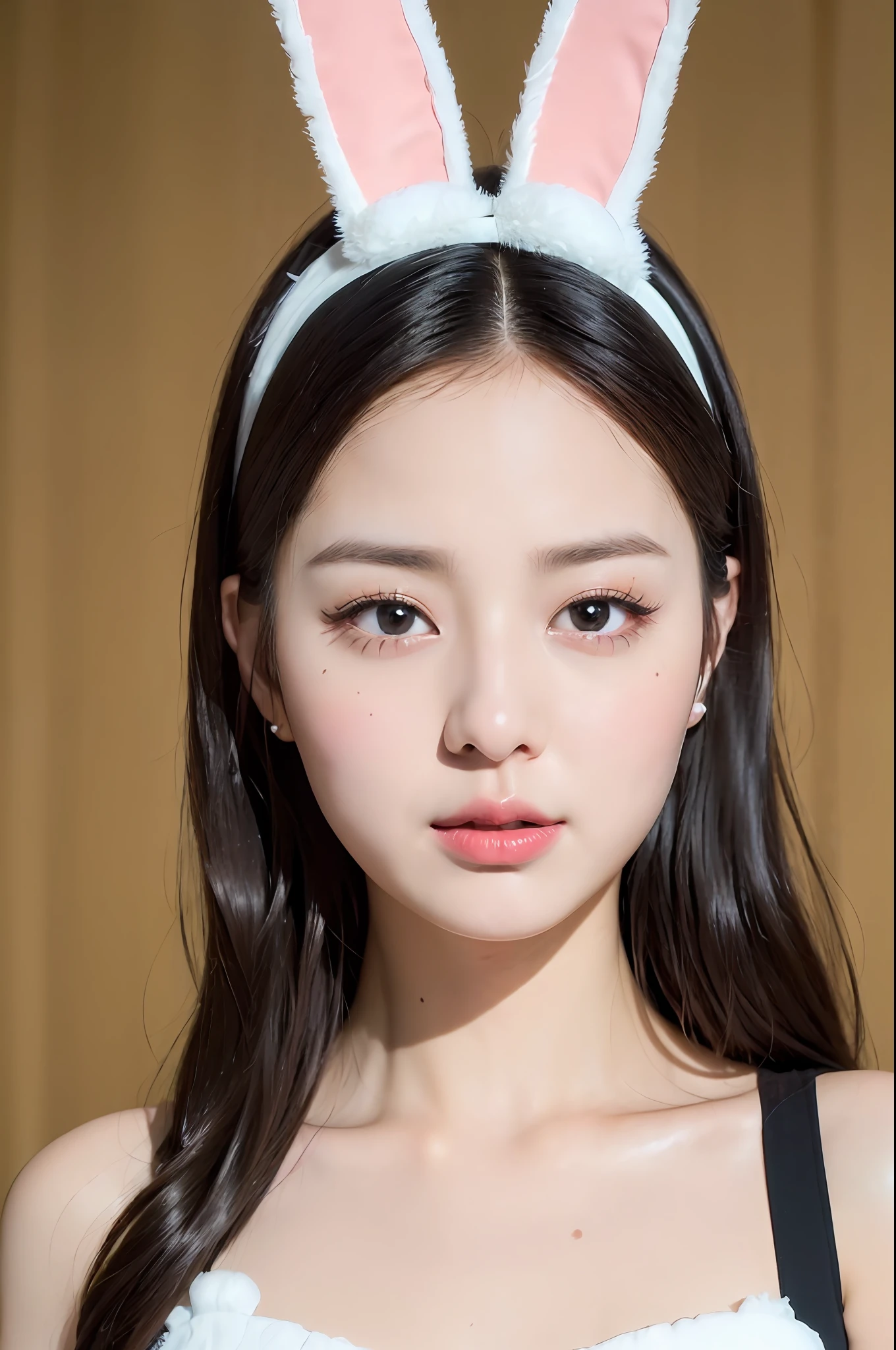 ((top quality, 8k, beautiful woman, beautiful eyes, black hair, wearing a very cute bunny headband, sexi, masterpiece), (best quality), (ultra detailed)