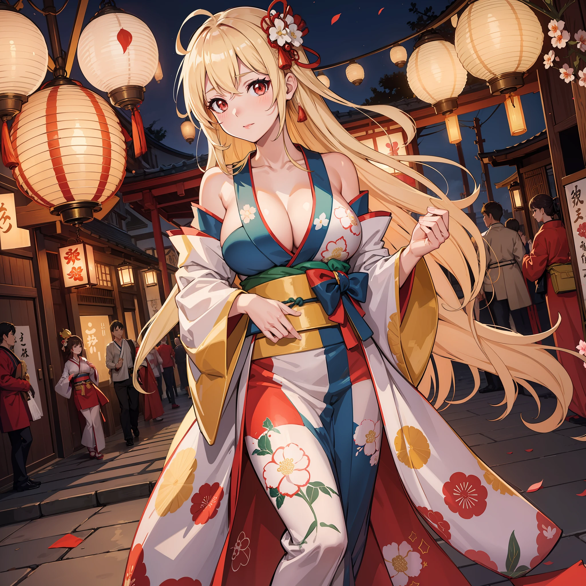 Illustrate an anime girl in a traditional kimono, strolling through a lantern-lit festival, radiating charm and elegance, blonde, full body shot, sexy, seductive, , revealing outfit, large breasts, cleavage