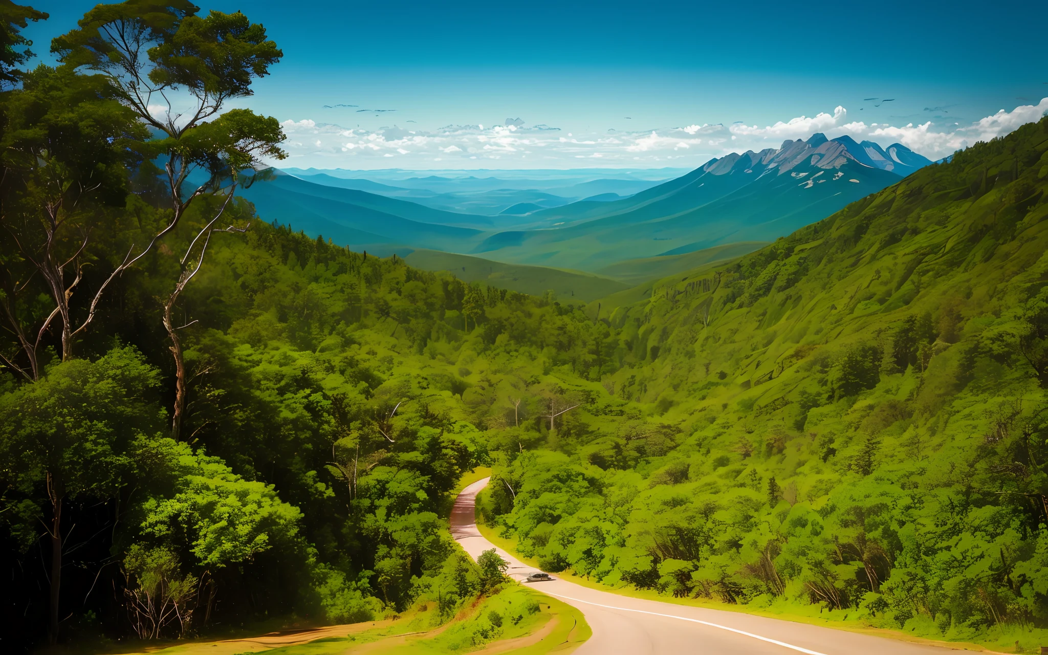 There is a road that crosses a valley with a mountain in the background, com vista para uma vasta floresta serena, Floresta exuberante no vale abaixo, estrada entre colinas, estrada para a floresta com um lago, beautiful scenic view, Caledonian Forest, iStock, Floresta da montanha no fundo, road between tall trees, viajando pelas montanhas, mountainous setting, Pinhais, Shutterstock