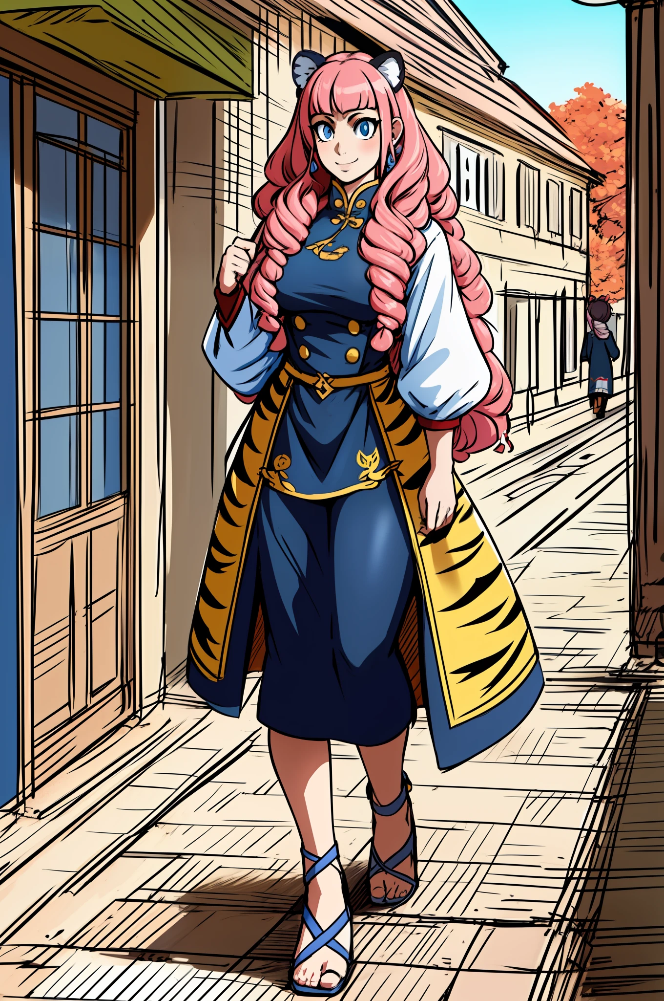 Caomei ,, oreilles de tigre, queues de tigre, Art martial, poitrine moyenne, cheveux roses, jupe, gilet, goddess,1fille,manteau,marche, mise au point solo.1personnage, sainte montagne catholique,, goddess, fantaisie, Jupe longue, sourire, suffisant, cheveux roses, seul, corps entier, oreilles de tigre, modeste; Tissus traditionnels chinois, walking, flip flops, tiger ears, pink hair