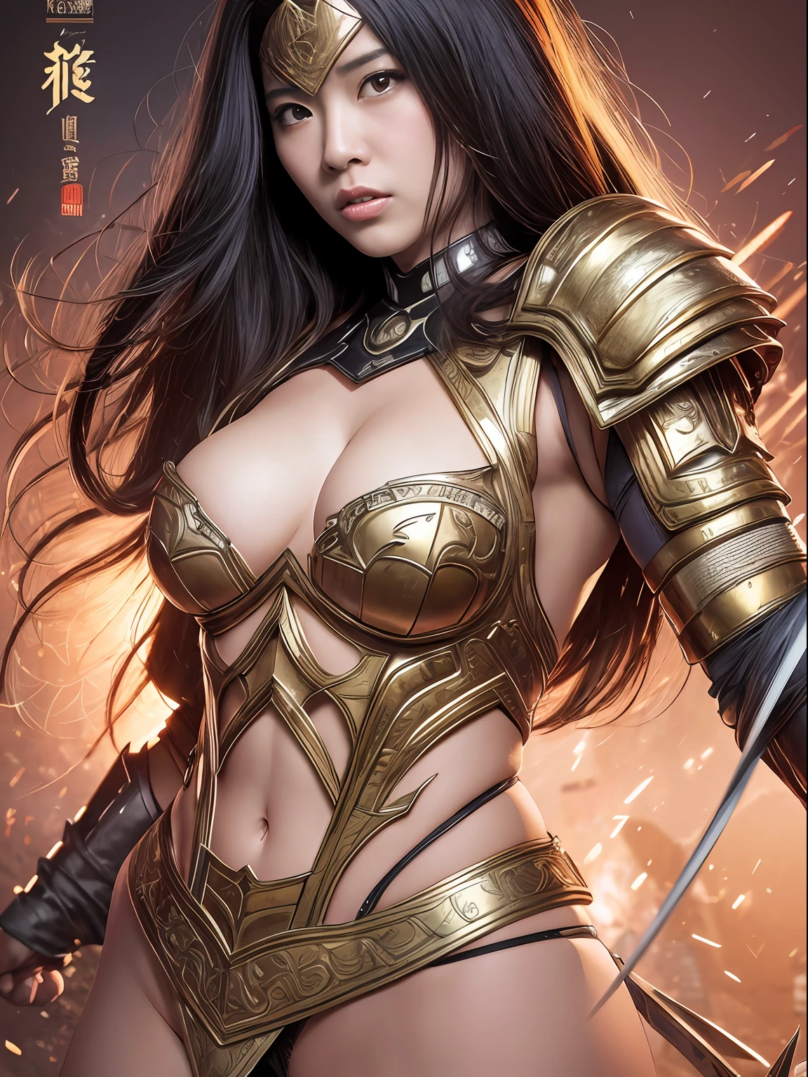 comic art style, intricately detailed lines, naturally soft colors, delicately neat, Chinese female warrior in armor, intense battle, epic cinematic shot, damaged armor, exposed skin, nudity, love