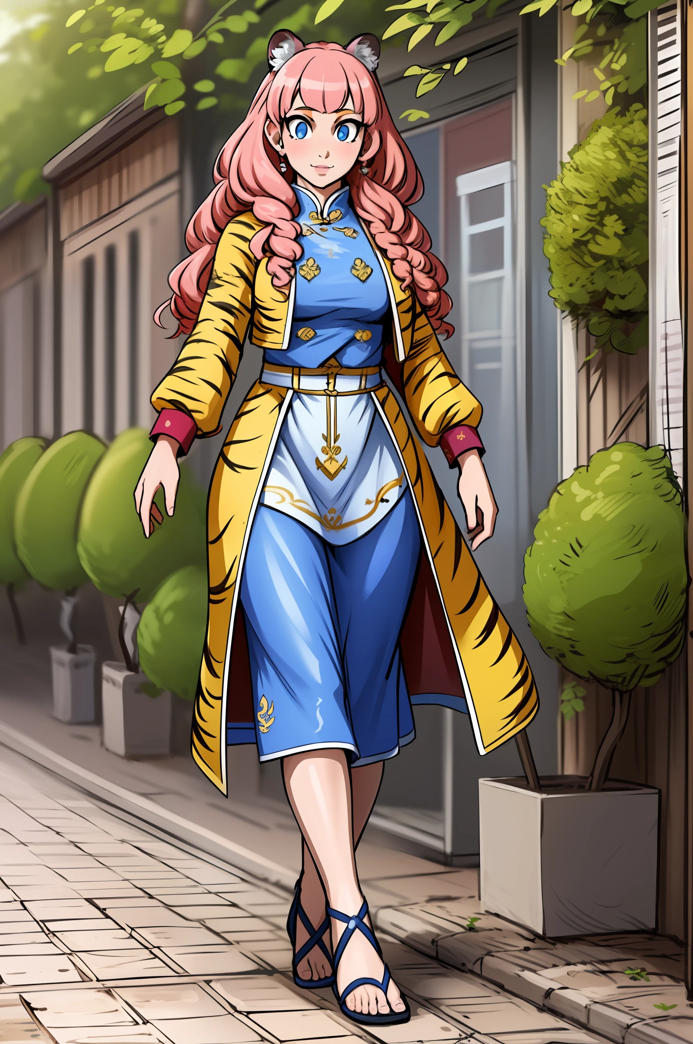 Caomei ,, oreilles de tigre, queues de tigre, Art martial, poitrine moyenne, cheveux roses, jupe, gilet, goddess,1fille,manteau,marche, mise au point solo.1personnage, sainte montagne catholique,, goddess, fantaisie, Jupe longue, sourire, suffisant, cheveux roses, seul, corps entier, oreilles de tigre, modeste; Tissus traditionnels chinois, walking, flip flops, tiger ears, pink hair