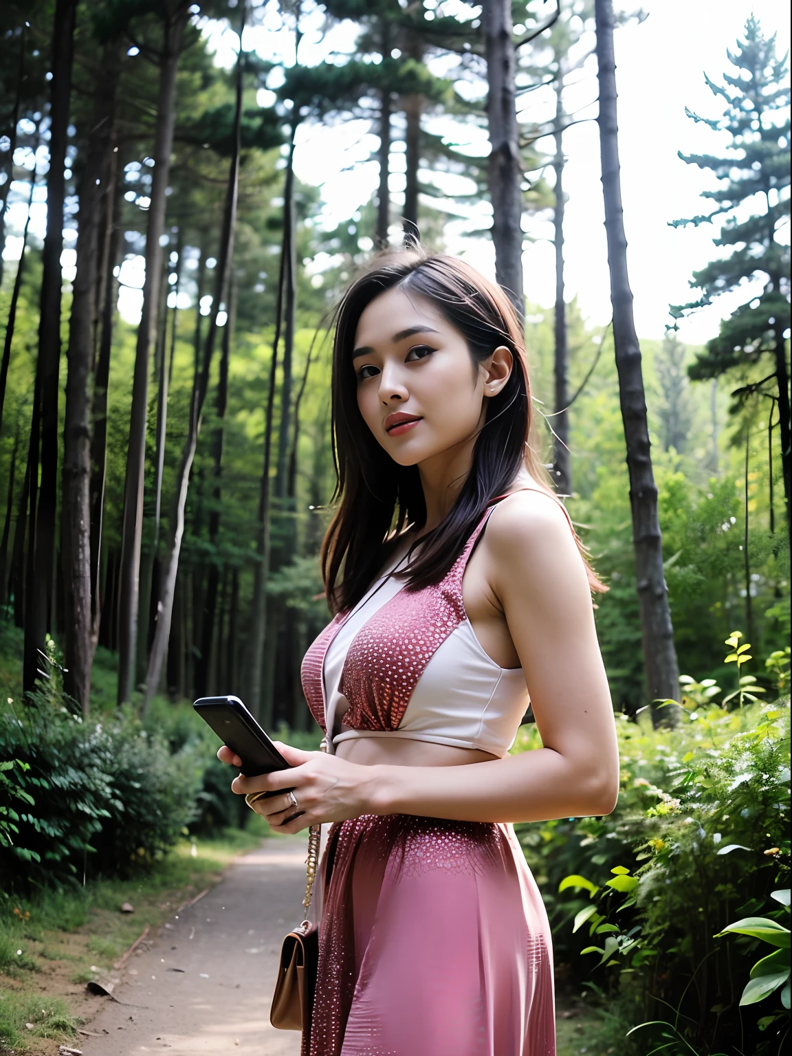 there is a woman that is standing in the woods with a cell phone, 2 8 years old, in front of a forest background, 2 7 years old, nivanh chanthara, 2 9 years old, dang my linh, photo taken in 2 0 2 0, 2 3 years old, mai anh tran, a young asian woman