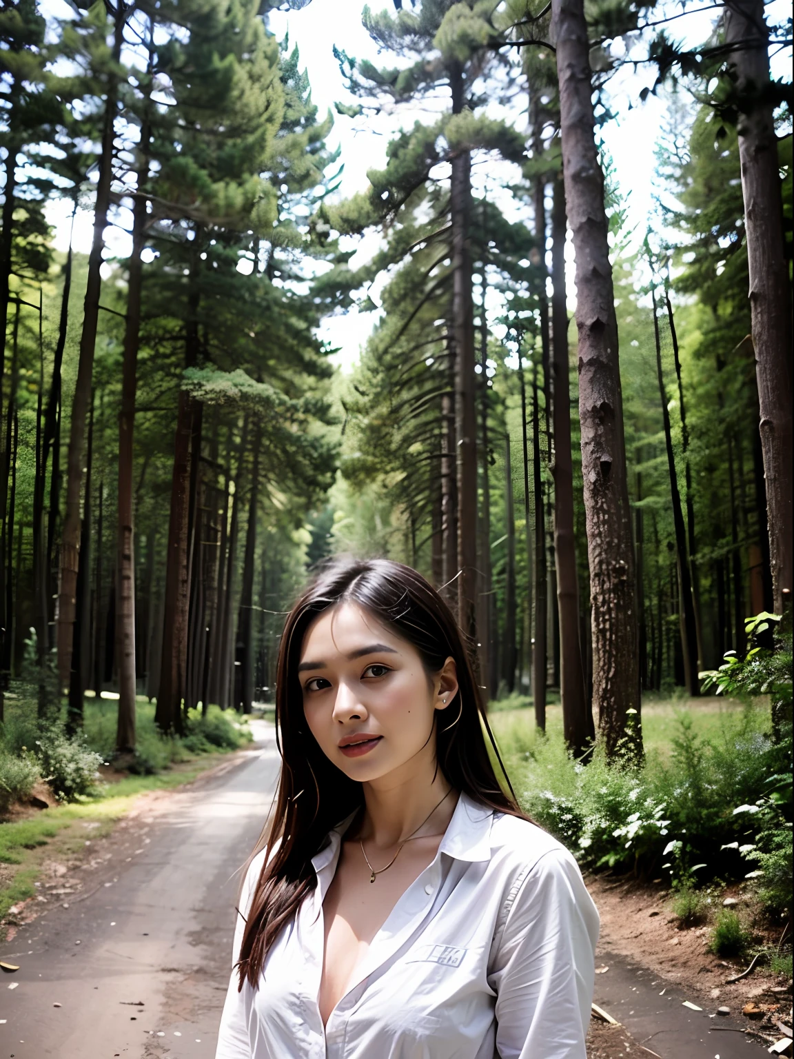 there is a woman that is standing in the woods with a cell phone, 2 8 years old, in front of a forest background, 2 7 years old, nivanh chanthara, 2 9 years old, dang my linh, photo taken in 2 0 2 0, 2 3 years old, mai anh tran, a young asian woman