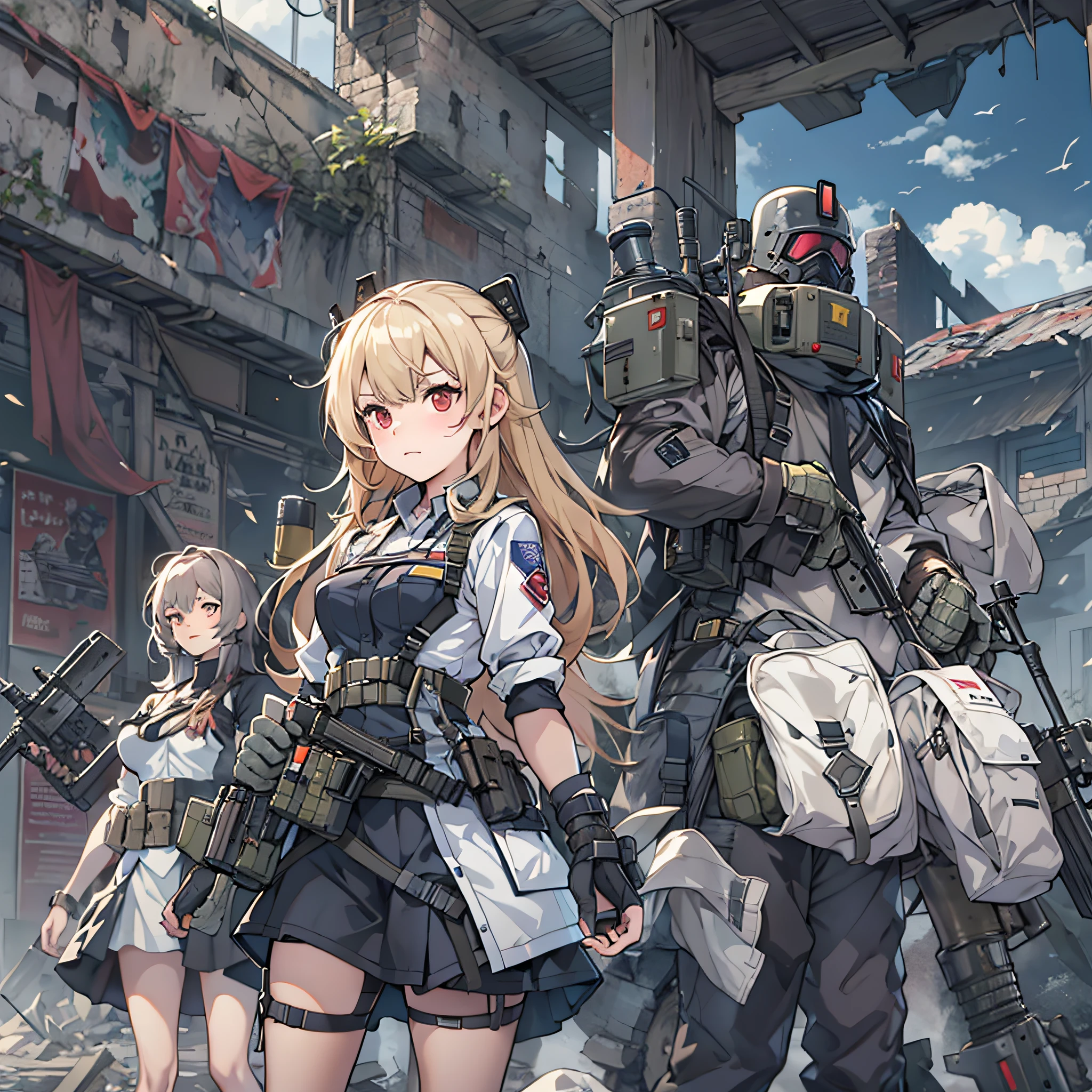 of anime standing in ruins３Man Girl, girls frontline style, from girls frontline, Fine details. girls' frontline, girls' frontline, girls frontline cg, infantry girl, Women's Last Tour, soldier girl, M4 Sopmod II Girls Frontline, anime maid ss military, girls frontline universe, Mechanized soldier girl, Majora、lieutenant colonel、Girls Moon、Start of battle！