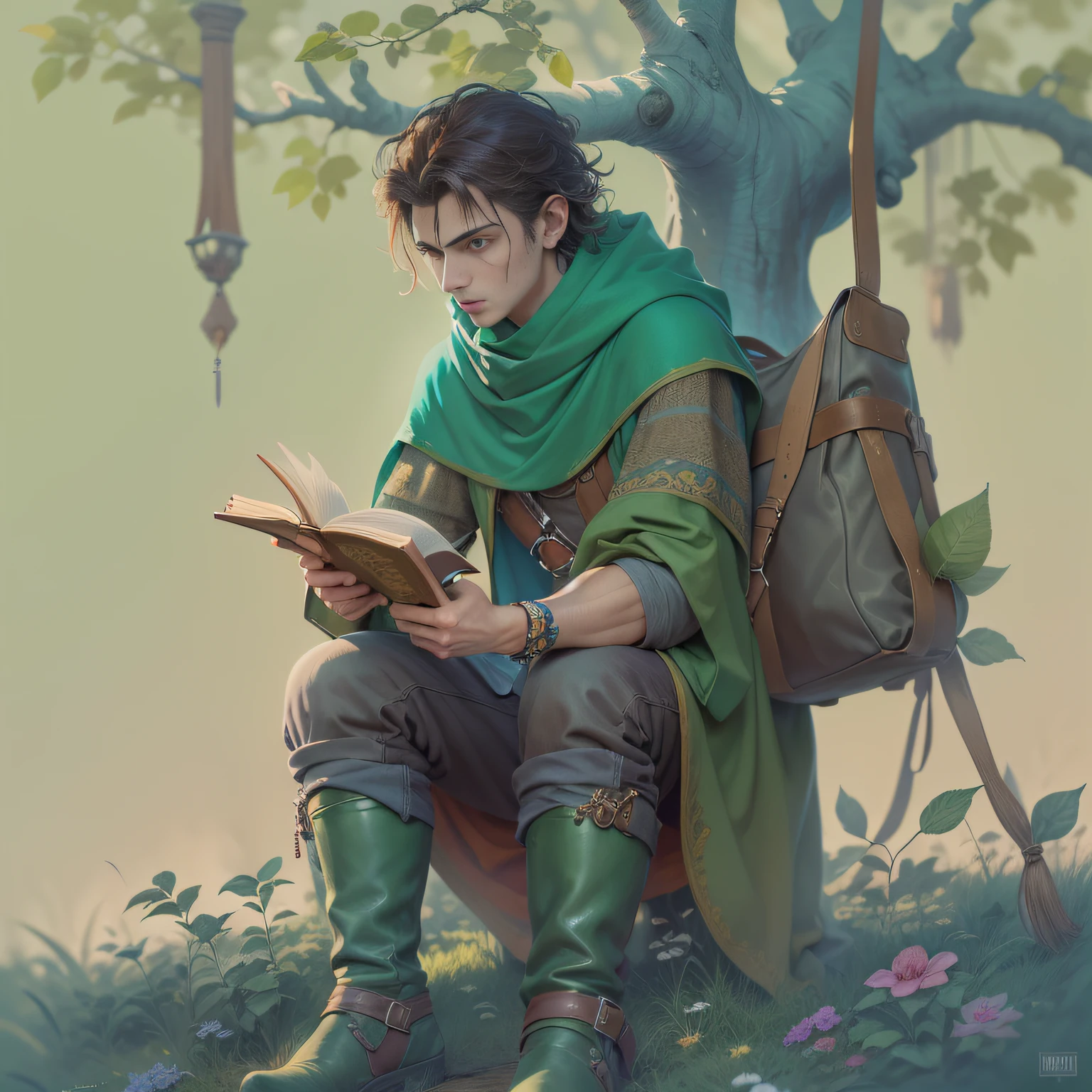 (personagem) Homem jovem, elfo, estudante, loiro, magro, alto, camisa azul, capa verde, Luvas, Botas, bolsa na cintura, book in hand, olhar cansado, timido. (imagem super detalhada), (granulado), (16k), (super-realista), (tema fantasia medieval), (RPG), (Lord of the Rings)