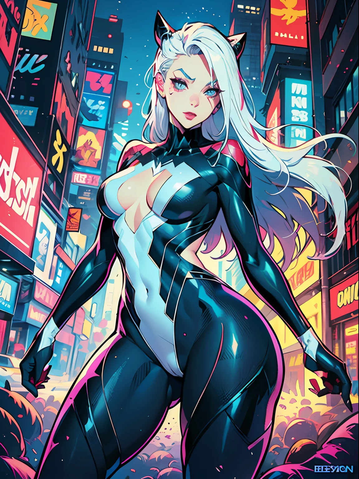 uma pintura digital da spider gwen utilizando touca e mascara, References to classic comic book malvel, spider verse, outfit Long Hair, arte cyberpunk de Josan Gonzalez, vencedora do concurso behance, afrofuturismo, synthwave, neon, neon brilhante,coxas grossas, cintura fina, sensual, nsfw, pouca roupa, arte erotica, anime, roupas rasgada de batalha, extremamente sexualizada, corpo suado, NSFW, seios grandes, bunda grande, HD, 8k, Alta qualidade, detalhes, corpo perfeito, destaque o corpo, detalhe no rosto perfeito, Detail in the background