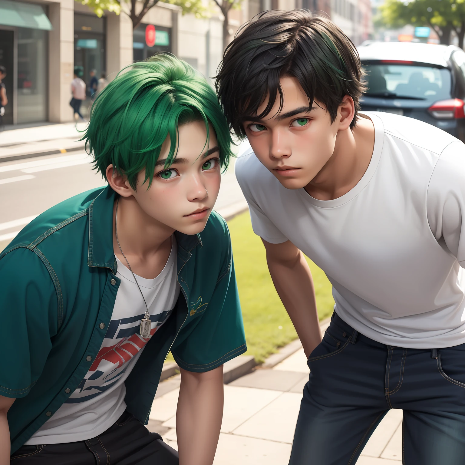 Two 15-year-old teenage friends with Latin skin and bright green hair Light green eyes behind them is a silver city