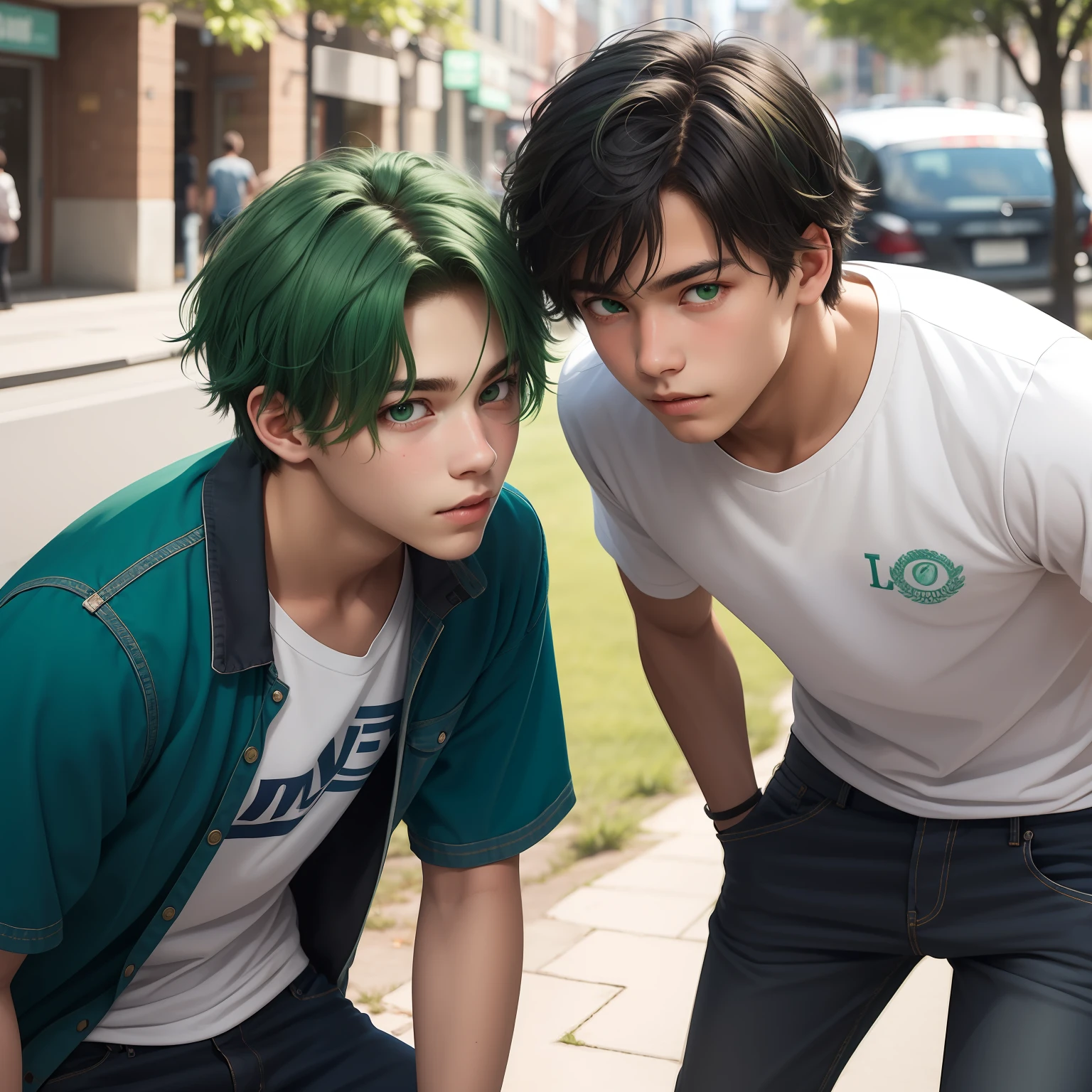 Two 15-year-old teenage friends with Latin skin and bright green hair Light green eyes behind them is a silver city