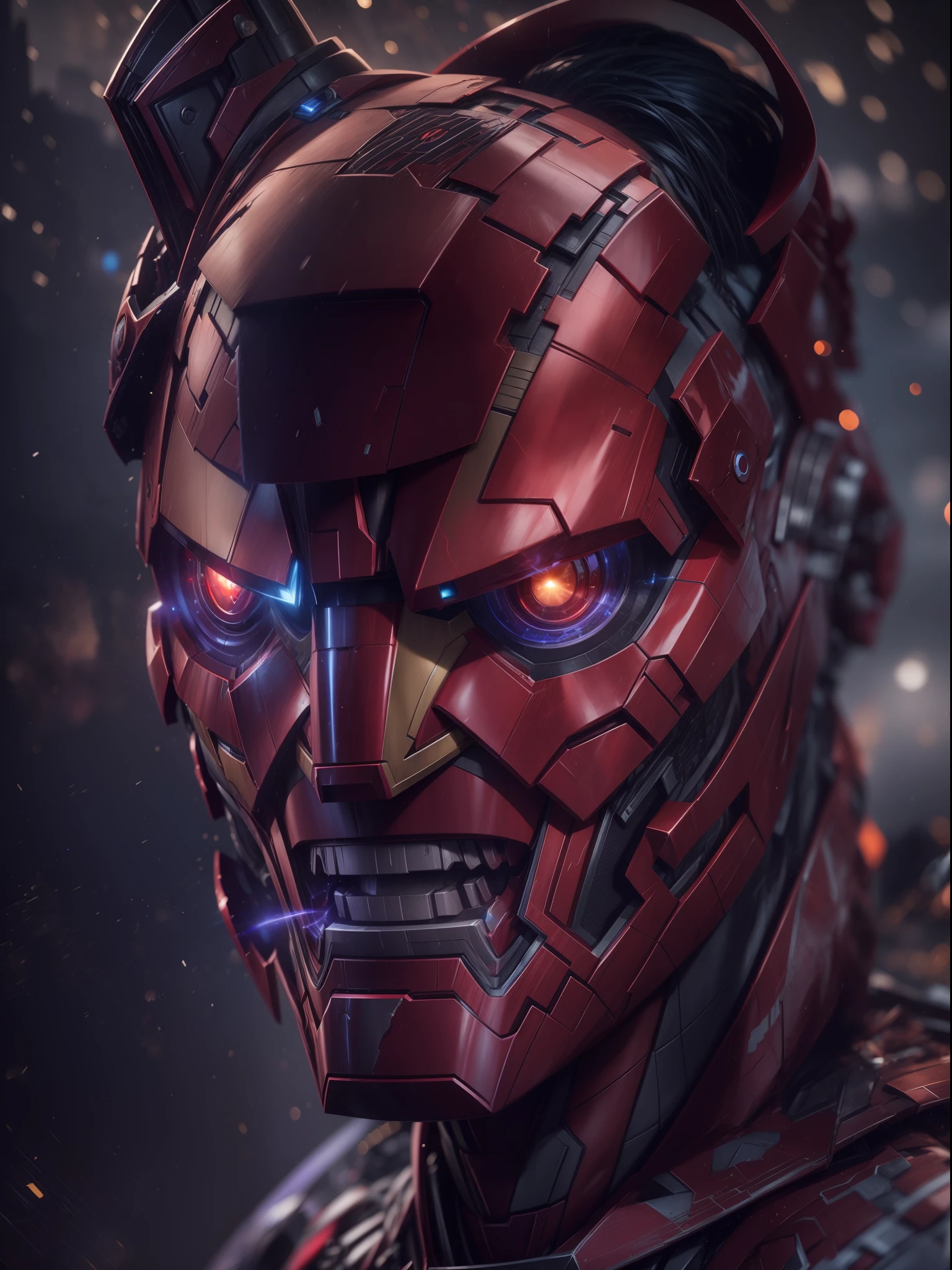 Close a powerful threat, The imposing appearance of an joker iron man fusion, menacing stare, ricamente detalhado, Hiper realista, 3D-rendering, obra-prima, NVIDIA, RTX, ray-traced, Bokeh, Night sky with a huge and beautiful full moon, estrelas brilhando, 8k,