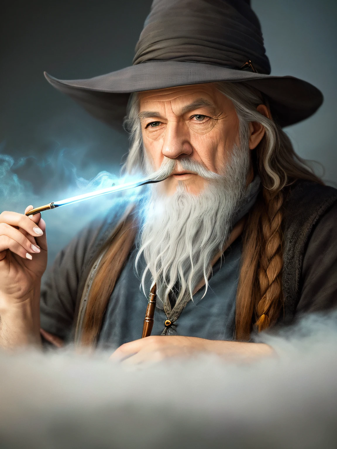 Arafed man with a long beard and a hat smoking a pipe, Gandalf, o Cinzento, Retrato de Gandalf, gandalf from lord of the rings, Gandalf, arte de fantasia hiperrealista, Gandalf (patife, mago fumar cachimbo, Retrato de um bruxo, gandalf casts a lightningbolt, arte conceitual ultra realista, arte conceitual fotorrealista