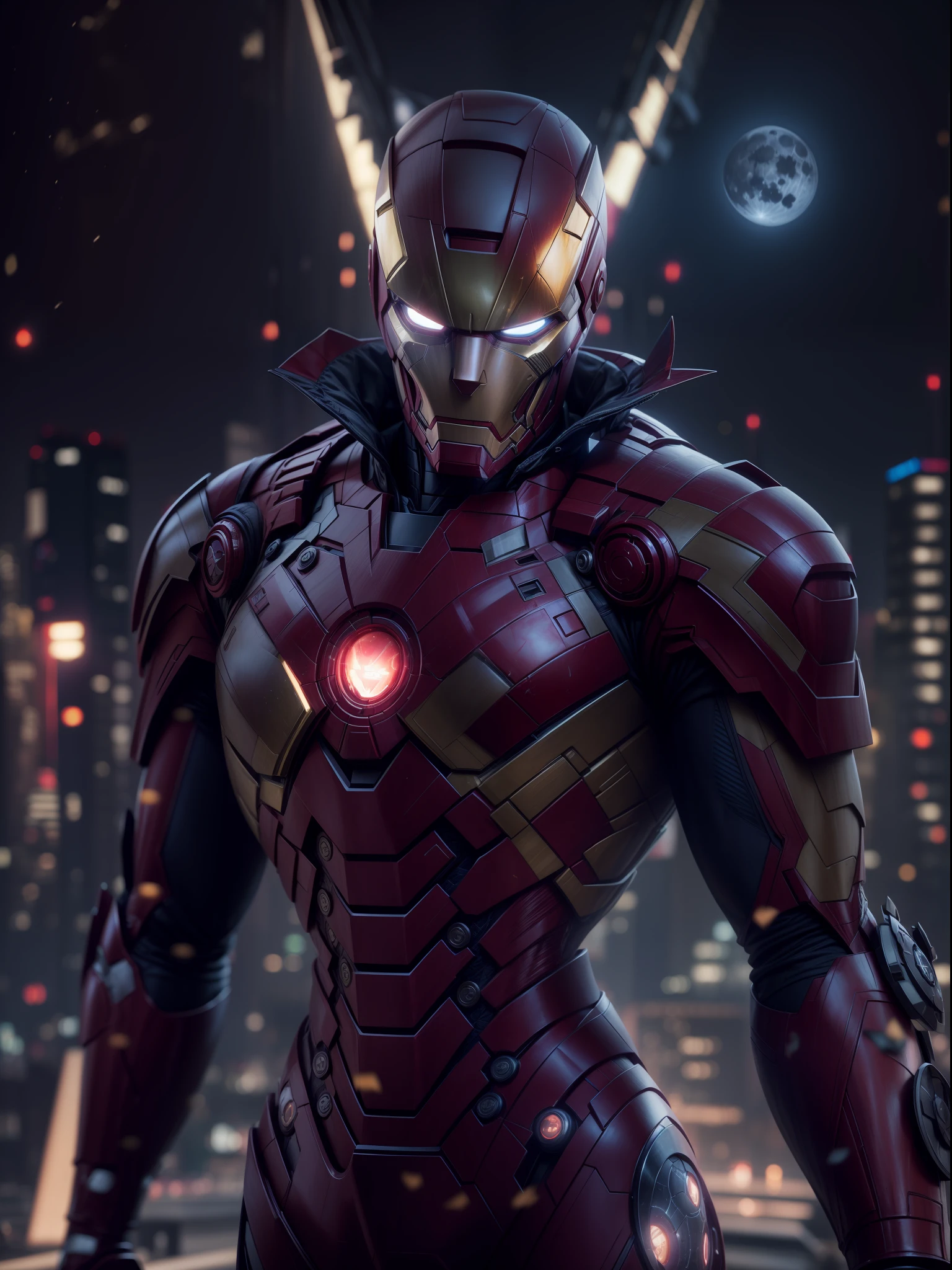 Close a powerful threat, The imposing appearance of an joker iron man fusion, menacing stare, ricamente detalhado, Hiper realista, 3D-rendering, obra-prima, NVIDIA, RTX, ray-traced, Bokeh, Night sky with a huge and beautiful full moon, estrelas brilhando, 8k,